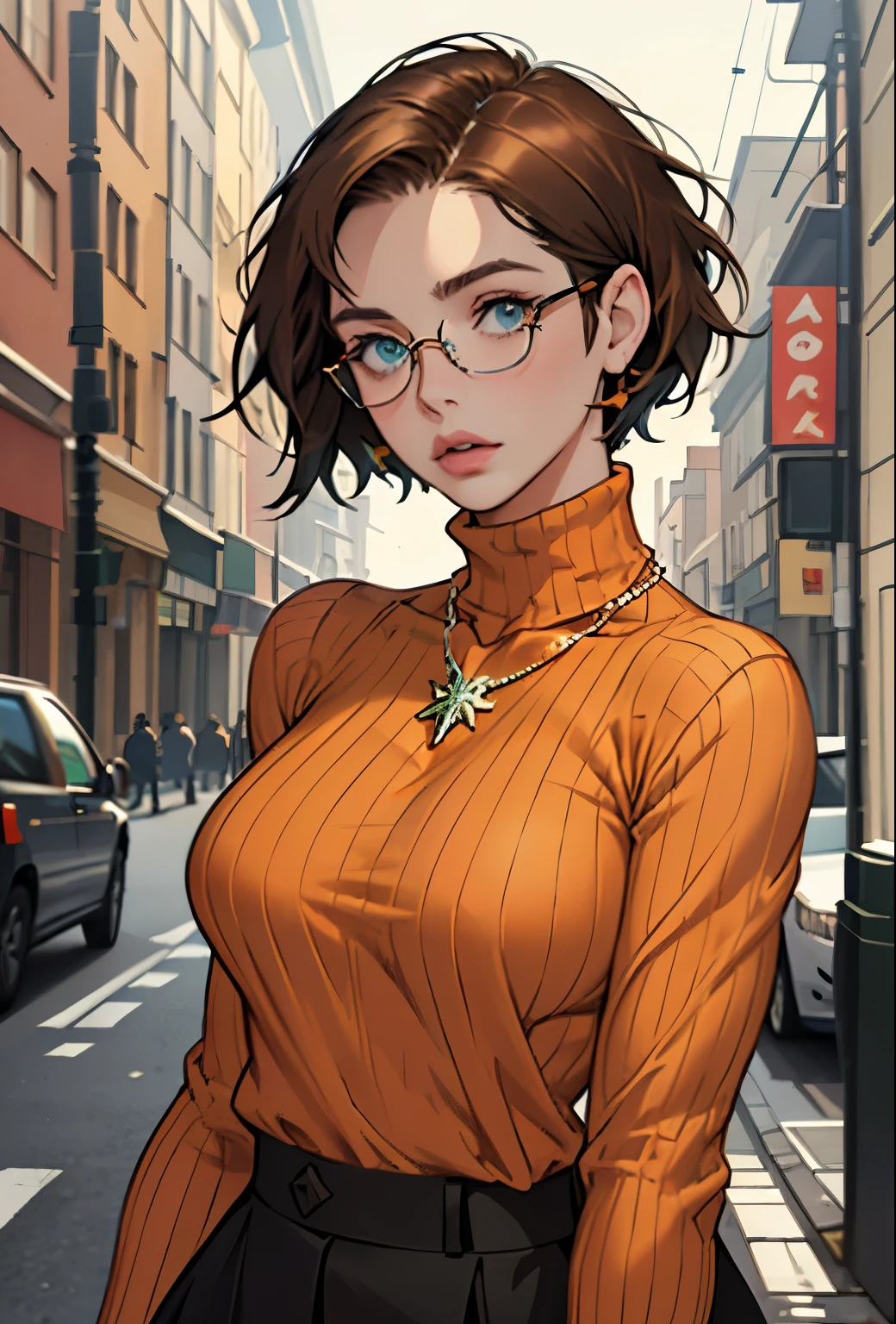 (masterpiece, Highest quality) One Woman,Age 35、Voluptuous body、 Ashley Graham RE, alone, chest, View your audience, short hair,Red Hair、 blue eyes, shirt, jewelry, medium chest, Green Eyes, Upper Body,Brown Hair, parted lips,, necklace, sweater, lips, turtleneck, Bobcut, ribbed sweater, Realistic, nose, 袖なし turtleneck, orange shirt, orange sweater,Wearing glasses,whole body