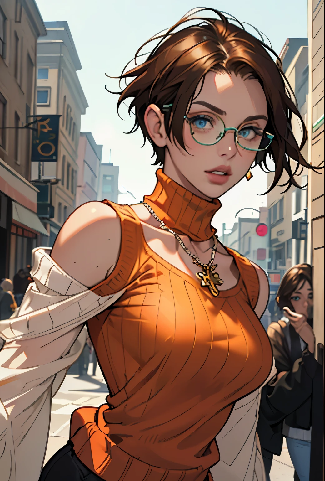 (masterpiece, Highest quality) One girl, Ashley Graham RE, alone, chest, View your viewers, short hair, blue eyes, shirt, Bare shoulders, jewelry, medium chest, Green Eyes, Upper Body,Brown Hair, parted lips, No sleeve, necklace, sweater, lips, turtleneck, Bobcut, ribbed sweater, Realistic, nose, No sleeve turtleneck, orange shirt, orange sweater,Wear glasses,