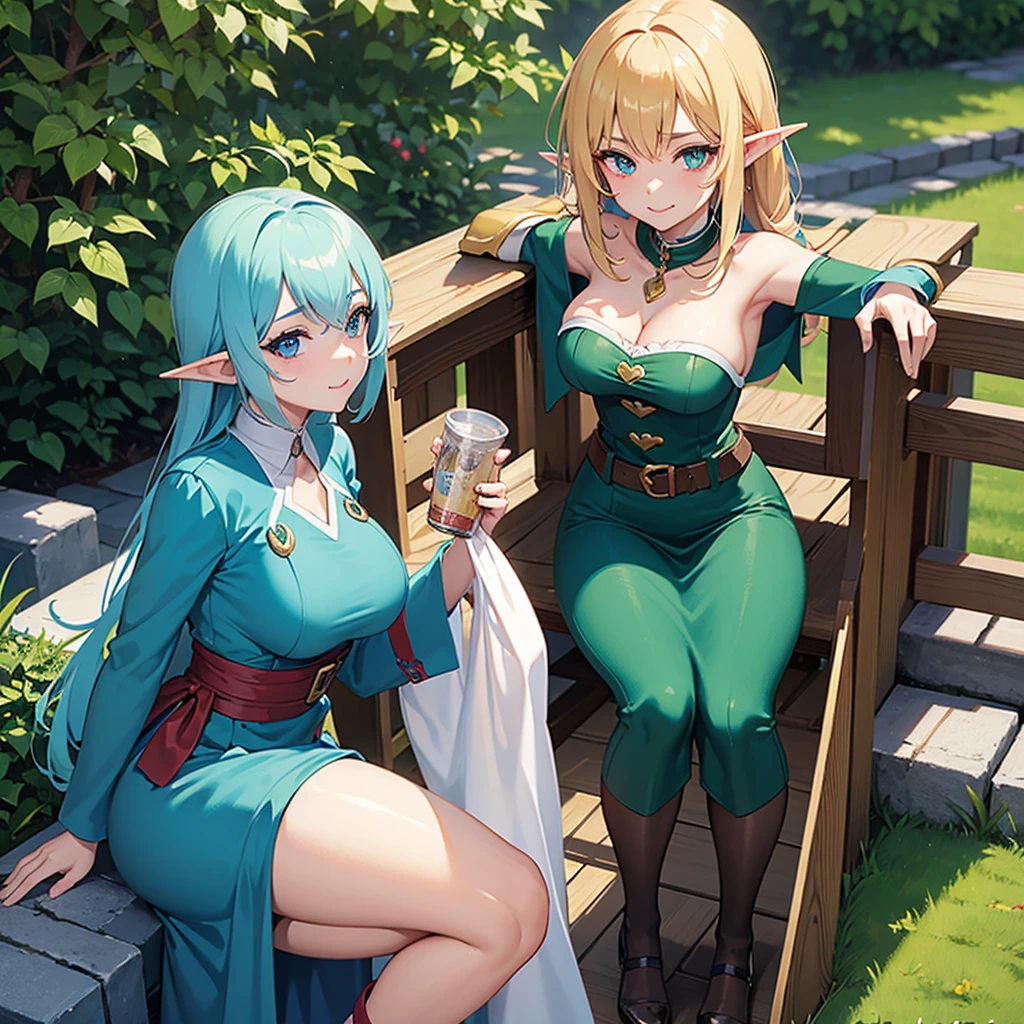 Anime, adult woman elf, looking at the viwer with heart eyes, sucking his dick.