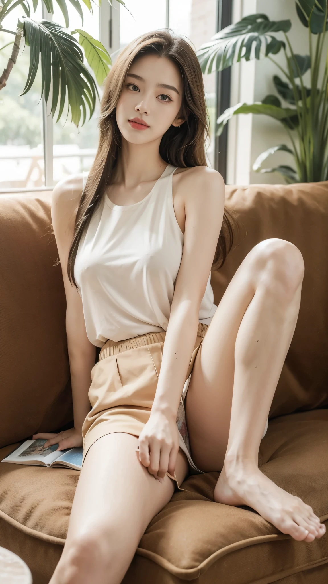 (((best quality))),(((very detailed))),(((masterpiece))),illustration,((1 beautiful girl, College student,alone)),((slim,thin, huge breasts)),(long straight hair:1.2),(tank top with straps:1.2), studying, books, dormitory, Summer Afternoon, sky, gloomy shadow, bed, Wooden desk, bookshelf, Soft and warm light, lamp, soft light, Almond-shaped eyes, textbooks, fancy, Beach, city, vacation, laugh, pen, emphasis, notebook, date, leg stretching, A cushion, portable fan, soothing breeze, summer heat, herbal tea, thirst, potted plants, greenery, vibrant leaves, cozy atmosphere, a firm expression, excel test, Summer Vacation, Intellect, crystal, achieve the goal,((sit on the sofa,arms back,spread legs,in front,whole body))