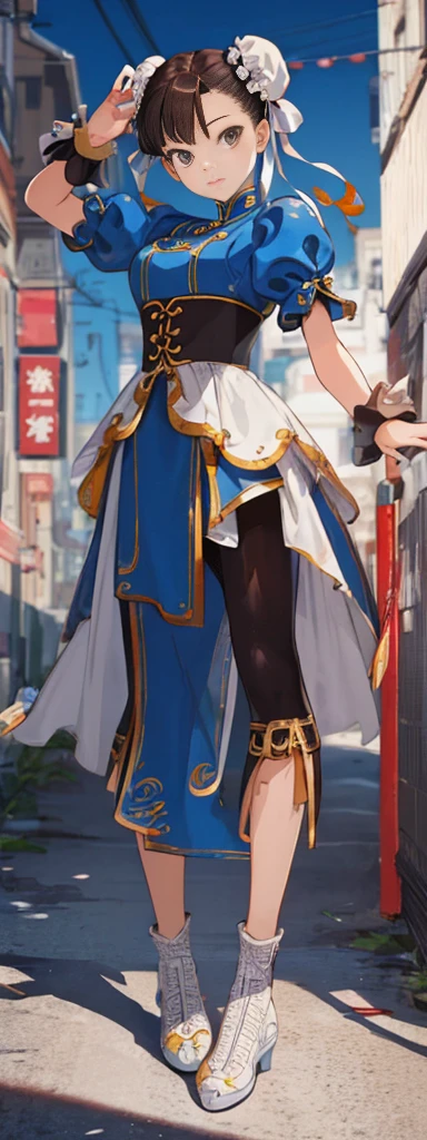 chun-li,((masterpiece)), ((best quality)), ((ultra detailed)), ((kawaii)), cute, (lovely), ((extremely detailed)), ((8K)), (beautiful),flat breast, tiny breast,full body