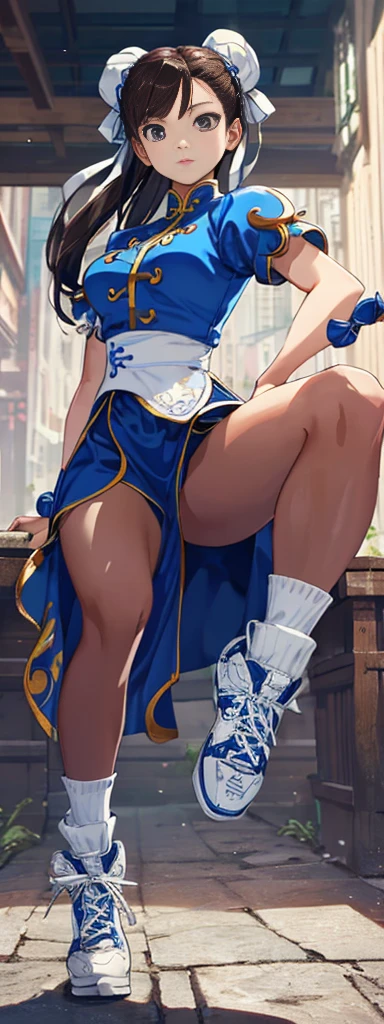 chun-li,((masterpiece)), ((best quality)), ((ultra detailed)), ((kawaii)), cute, (lovely), ((extremely detailed)), ((8K)), (beautiful),flat breast, tiny breast,full body