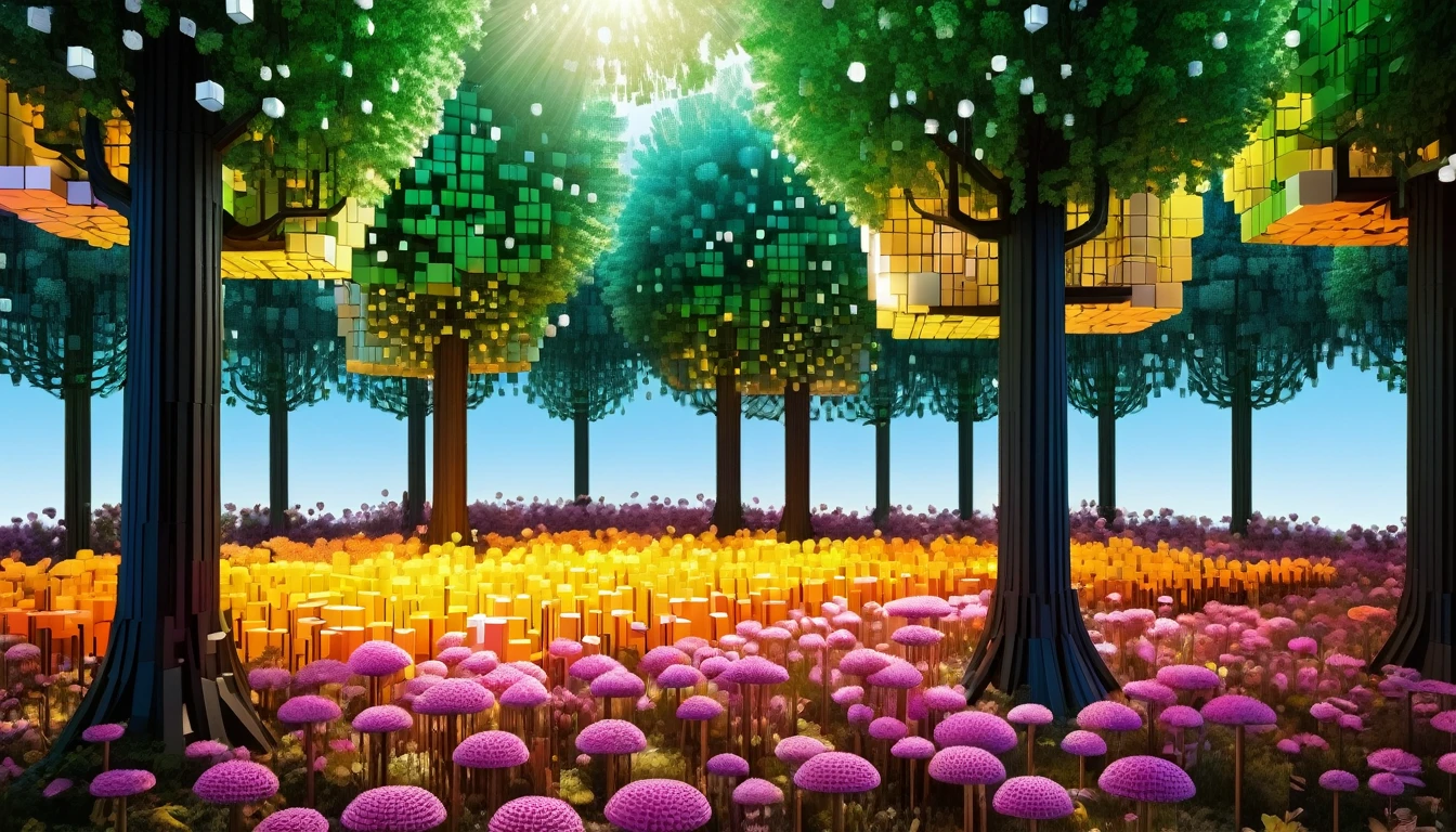 An enchanted forest made up of RAL-3D cubes, Surrounded by fantastic light,Very beautiful secret forest,Small squirrels are gathering,Beautiful big flowers are blooming