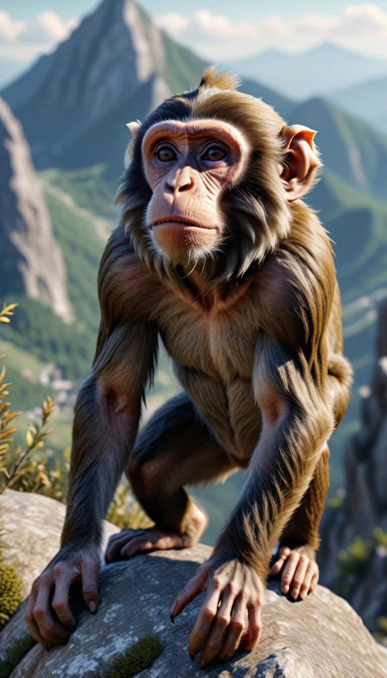 There is a wild beast on the mountain,Looks like a monkey but has four ears(best quality,4K,8K,High level,masterpiece:1.2),Ultra Detailed,(lifelike,Photo real,Photo real:1.37),Highly detailed animals,Realistic lighting,Fantasy Creatures
