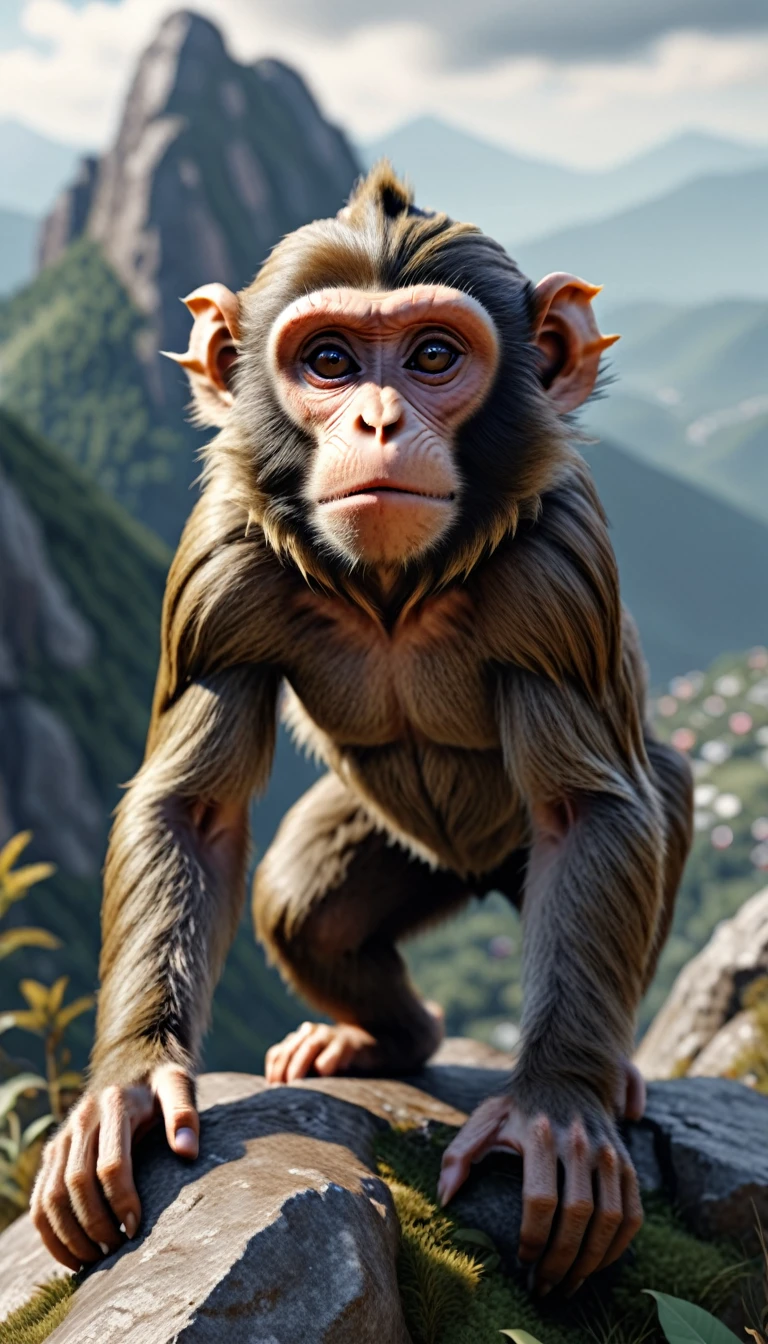 There is a wild beast on the mountain，Looks like a monkey but has four ears(best quality，4K，8K，High level，masterpiece：1.2），Ultra Detailed，（lifelike，Photo real，Photo real：1.37），Highly detailed animals，Realistic lighting，Fantasy Creatures