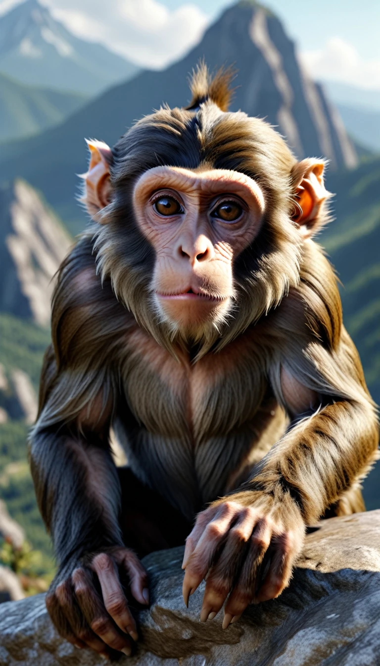 There is a wild beast on the mountain,Looks like a monkey but has four ears(best quality,4K,8K,High level,masterpiece:1.2),Ultra Detailed,(lifelike,Photo real,Photo real:1.37),Highly detailed animals,Realistic lighting,Fantasy Creatures
