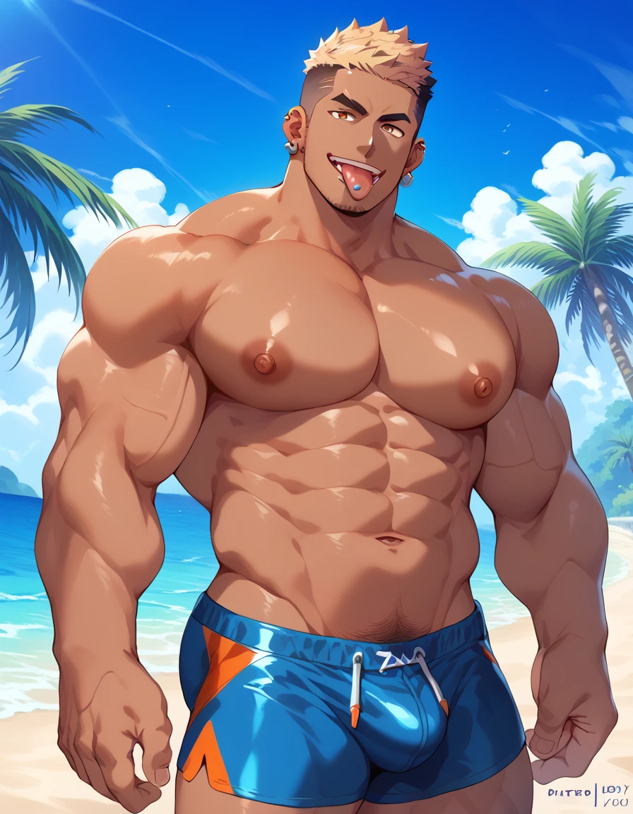 score_9, score_8, score_7, 8K,masterpiece, detailed, source_anime, (hyperdetailed face),(Ultra-detailed eyes)、 {{masterpiece, Best Quality, Highly detailed}}、(Detailed: 1.2), (Very detailed and beautiful: 1.1)、illustration, 40 yo daddy, gay, bara, solo male, mature male, muscular, dark skin, blond hair, manly, gaudy, soft smile, pierced earrings, crew cut hair, tongue piercing, Yankee, beach, sexy men's swimwear