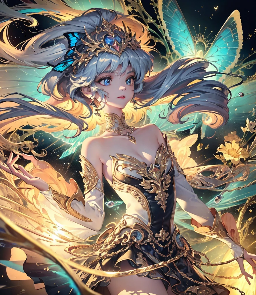 (((Masterpiece))), (((Best quality))), ((Ultra-detailed)),(Highly detailed CG illustration), ((An extremely delicate and beautiful)),Cinematic light, Create stunning fantasy artwork,fairy fantasy,the Flower Fairy,Transparent butterfly wings,Fairy stick,Lots of flowers,Lots of colouring butterflies, A skirt blown by the wind,Fluttering strands of rainbow hair,Side Body,ventania:1.3,dyna,brightly colored,Exudes an aura of mystery and magic. Pay close attention to intricate facial features, For example, mesmerizing eyes,smile,brightly, The character's clothes should be designed to be as light as the wings of a cicada, Subtle iridescent details. Blend in with fantastic colors, Dynamic lighting, and detailed background elements,Consider the latest trends in fantasy art, such as incorporating unique lighting effects, Explore dynamic and engaging composition techniques, And try a unique color palette. Take inspiration from top artists on ArtStation and Midjourney. camera: Choose an angle that highlights the beauty of your character,Enhance the magical majesty of the artwork. lighting: Use atmospheric lighting technology to create depth and atmosphere. Resolution: Aim for high-resolution artwork,to showcase intricate detail and clarity. Artistic inspiration: Get inspiration from popular artists on ArtStation, Explore different styles