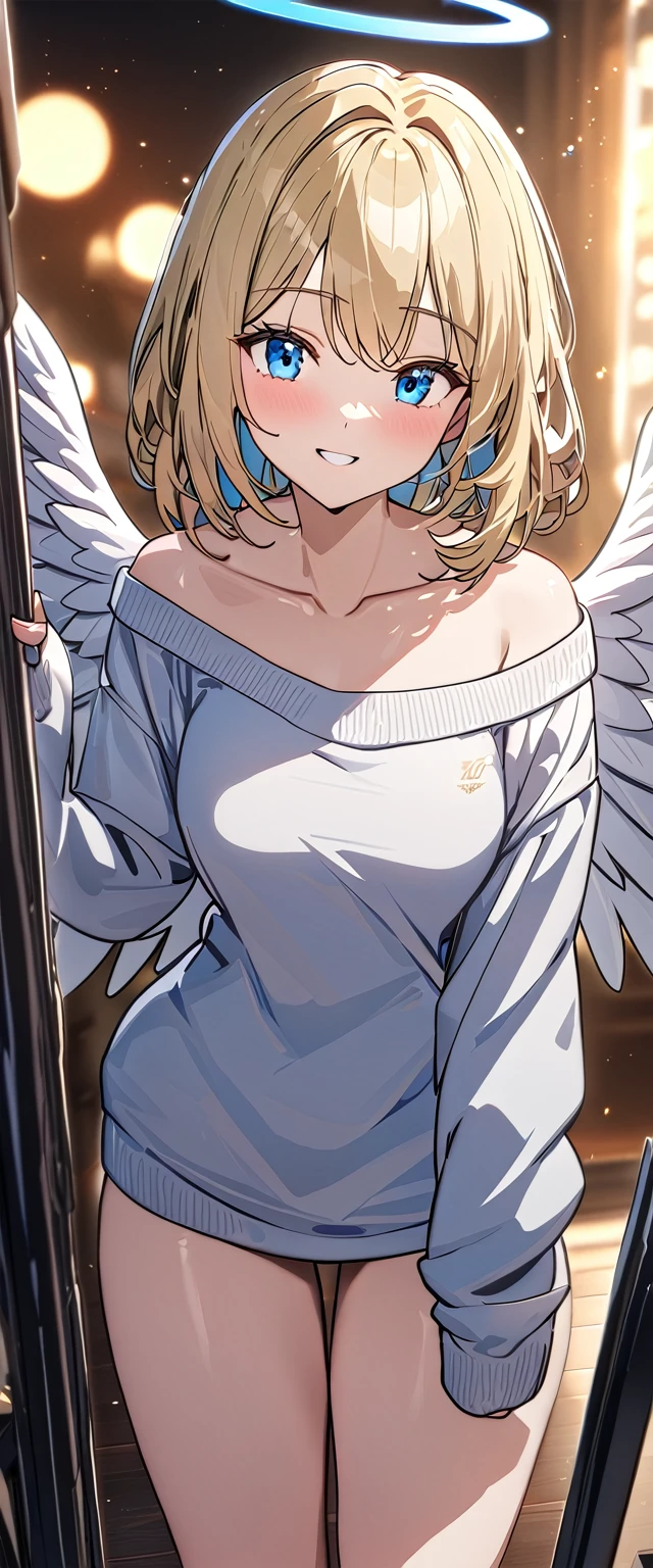 ((angel, big big white wings:1.3, halo:1.3)), (((spread arms))), (((cowboy shot))), ((flying)), archangel Uriel, ((wavy hair, outward curled hair)), evening, Sunset, ((blond hair, bob cut:1.3)), breasts, teenager, (looking at viewer), oversized clothes, puffy long sleeves, collarbone, ((off-shoulder sweater dress:1.3, Quite thick shoulder straps)), (((sleeves past wrists:1.3))), ((white sweater)), collarbone, head tilt:1.3, (((blue eyes))), ((happy smile)), (((anime style))), (best quality, 4K, 8K, highres, masterpiece:1.2, ultra-detailed, ultra-detailed eyes, HDR, uhd, studio lighting, ultra-fine painting, sharp focus, physically-based rendering, extreme detail description, professional, vivid colors, bokeh)
