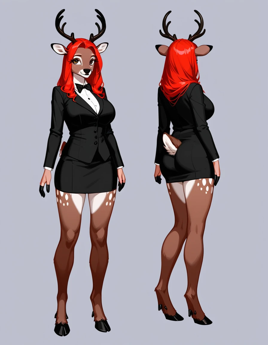 masterpiece, Best quality, antro, Furry, deer, Doe, Long eyelashes, plump, big breasts, big butt, Red hair, square hairstyle,shoulder-length hair,square, Cinematic lighting, Scattered light, A high resolution, high detail, ultra realistic, nice smile, smiling, Reference, full height, вид в full height, deer hooves, a tall girl, looks from the front, standing straight, full height, coming, stepping, strolls, You can see the legs, hooves are visible, Deer tail, dressed in black clothes, Reference персонажа, lilac fur, White spots, Brown eyes