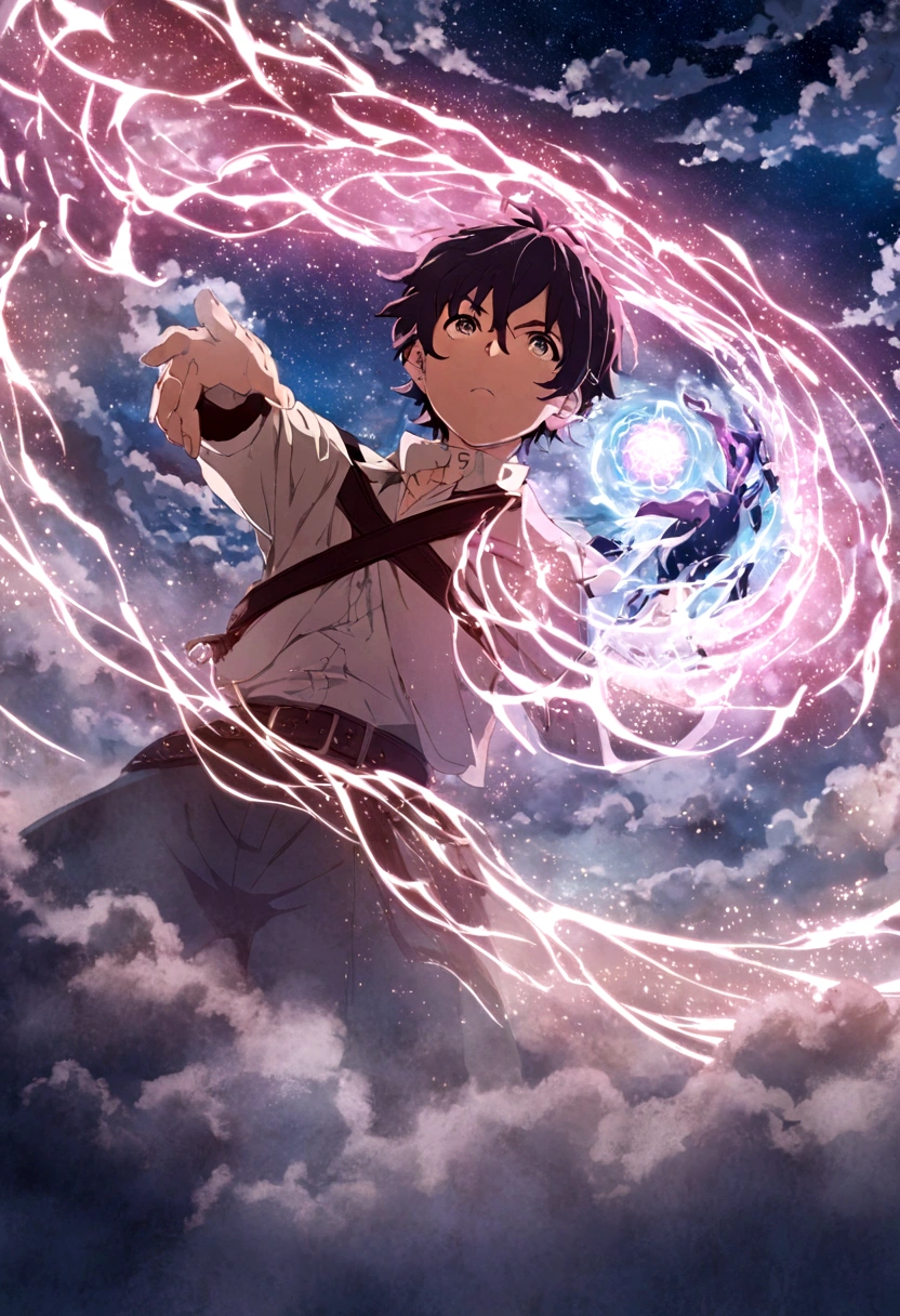 anime, One Boy Makoto Shinkai Cyril Rolland, Magic portal in the sky, anime epic artworK, Wide angle fantasy art, cloud vortex, maKoto shinKai. Digital Rendering, Inspired by Cyril Rolland, anime fantasy illustration, Space Sky. 8K
