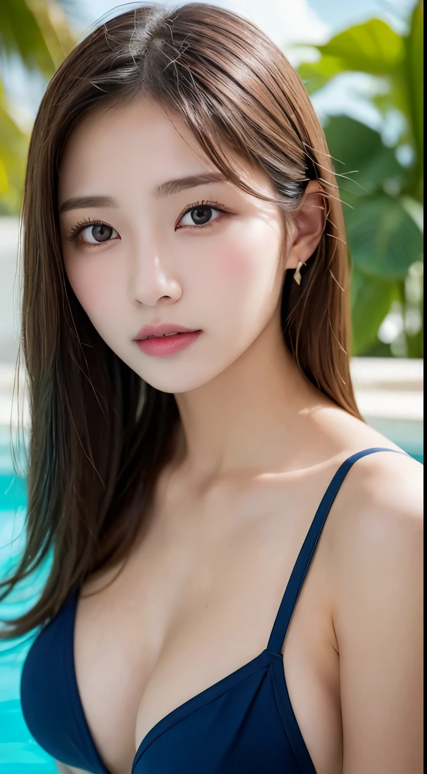 Tabletop, Highest quality, figure, Super detailed, In detail, High resolution, 8k wallpaper, Perfect dynamic composition, Beautiful fine details,Small Breasts Natural Color Lip, Bold sexy pose、20-year-old girl、cute、sexy shot looking at camera,Face close-up,KPOP idol faces,Navy blue swimsuit,Super detailed face,Attention to detail,double eyelid,Beautiful thin nose,Sharp focus:1.2,Beautiful woman:1.4,(Light brown hair,Shortcuts, White skin,Highest quality,masterpiece,超A high resolution,(Photorealistic:1.4),No exposure,Small A-cup breasts,Firm stomach,At the tropical pool,Sensual,Bust exposed,