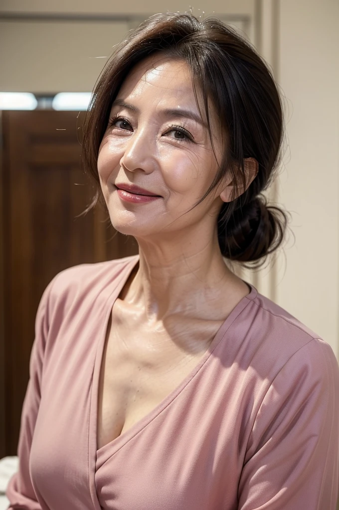 (masterpiece:1.4),(67-year-old woman:1.5),(facial wrinkles 1.2), (hair tied up : 1), A kind smile,maternal, Mature Woman, (dressed as a nurse : 1.2), nurse uniform, acnes, skin blemishes, fleckles