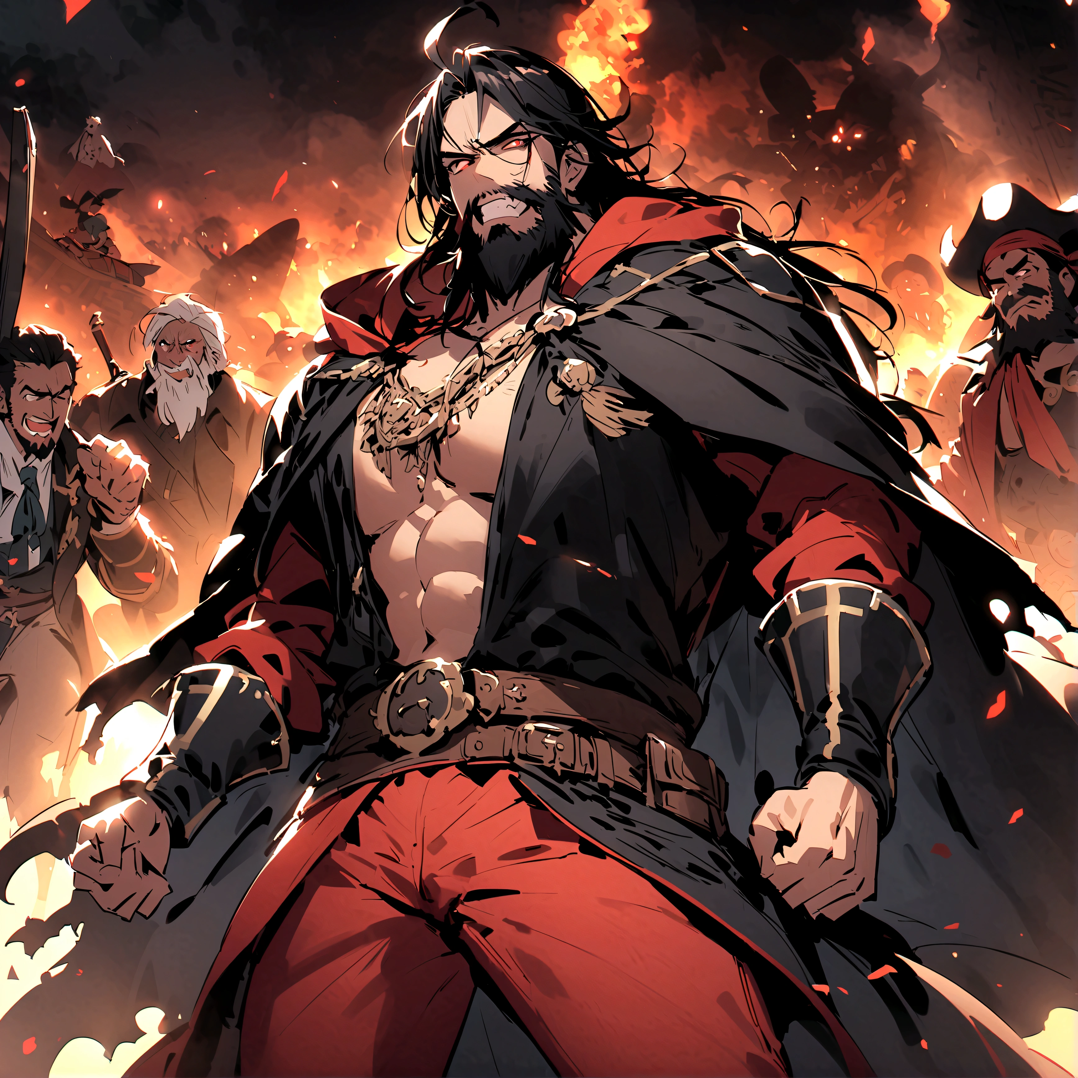 Fate/large/Order、Caribbean、black beard、edward teach、black hair、black beard、black cloak、red pants、golden necklace、middle-aged otaku、creepy otaku、(((clawed man)))+++、「I's anger is ecstatic!」、「Go to degozaru Go to degozaru!I'm in trouble with my prized cannon!?『queen anne's revenge(queen anne's revenge)』Age of Discovery、big pirate、Big Villain、Black Beard Pirates、big giant、muscular、The spirit and charisma of a big pirate、((Boat:Queen Anne's Revenge))、I、Dufufufu、「I couldn't find a chance to rest my head until just before I died.」「A wise man playing a fool」、For a rich beard、There are fuse wires woven in here and there.、rotten々The glowing eyes are said to be exactly that of the goddess of hell.。Sometimes he shows his fangs to his subordinates on a whim.、Therefore, his subordinates feared him as the devil incarnate.。Twenty sword wounds、Even after receiving five bullets, he continued to fight with an angry expression on his face.、It is said that he finally gave out and died while loading his gun.。