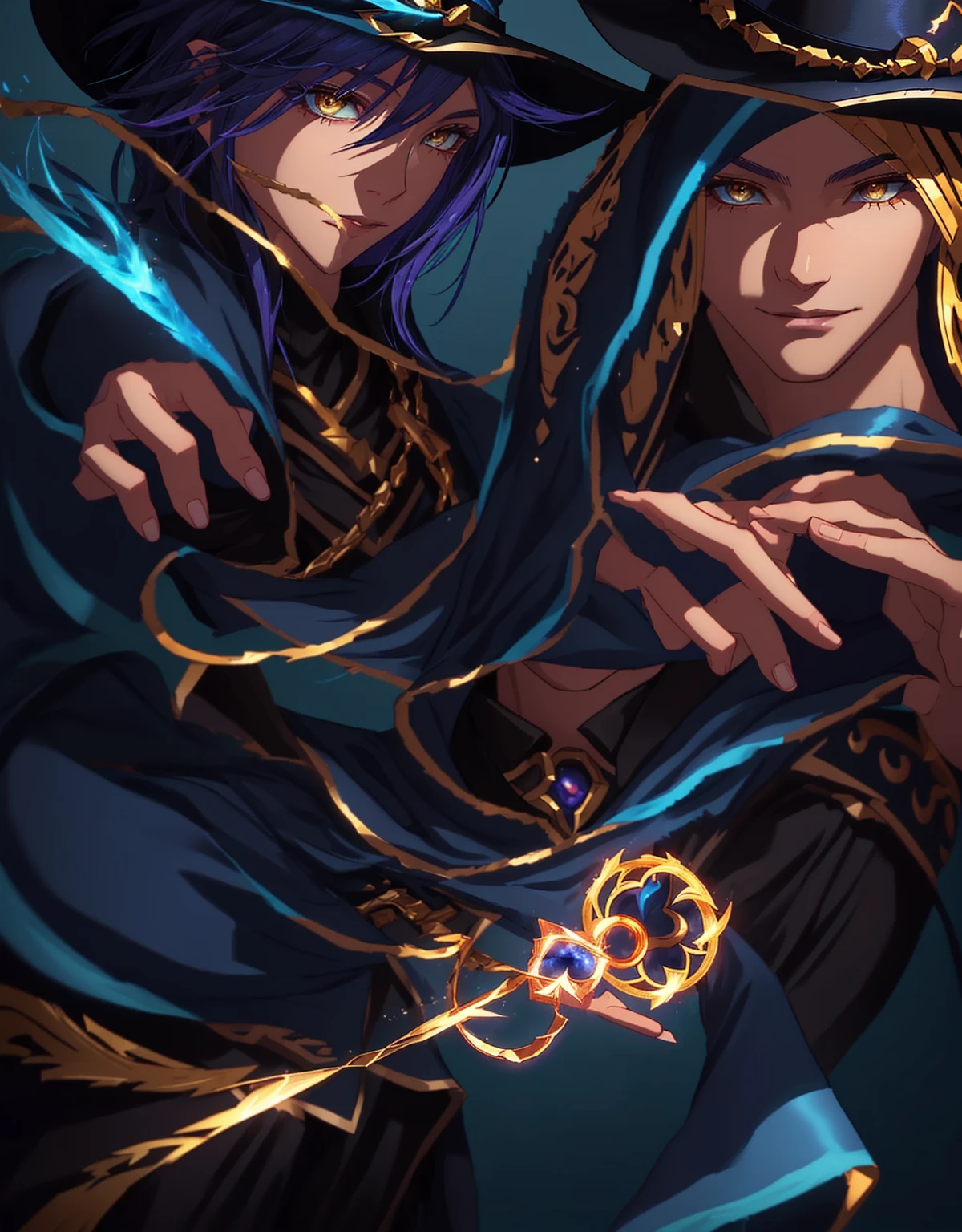 A man in a cap and a cowboy hat holds a gold coin, Arcane wizard casting a spell, Cast an epic spell, Mage duel, Half are supplicants，Half is Megumi, Mystic Jace, cast fire spell, Hearthstone card art, hearthstone style art, Hearthstone Art, From Hearthstone, Mage, game, Hearthstone card artwork, League of Legends Arcane