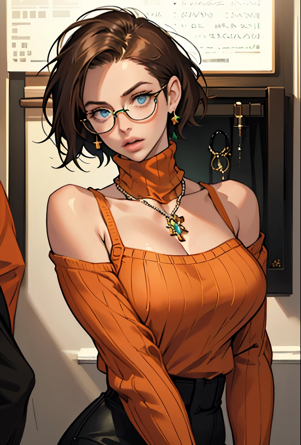 (masterpiece, Highest quality) One girl, Ashley Graham RE, alone, chest, View your viewers, short hair, blue eyes, shirt, Bare shoulders, jewelry, medium chest, Green Eyes, Upper Body,Brown Hair, parted lips, No sleeve, necklace, sweater, lips, turtleneck, Bobcut, ribbed sweater, Realistic, nose, No sleeve turtleneck, orange shirt, orange sweater,Wear glasses,
