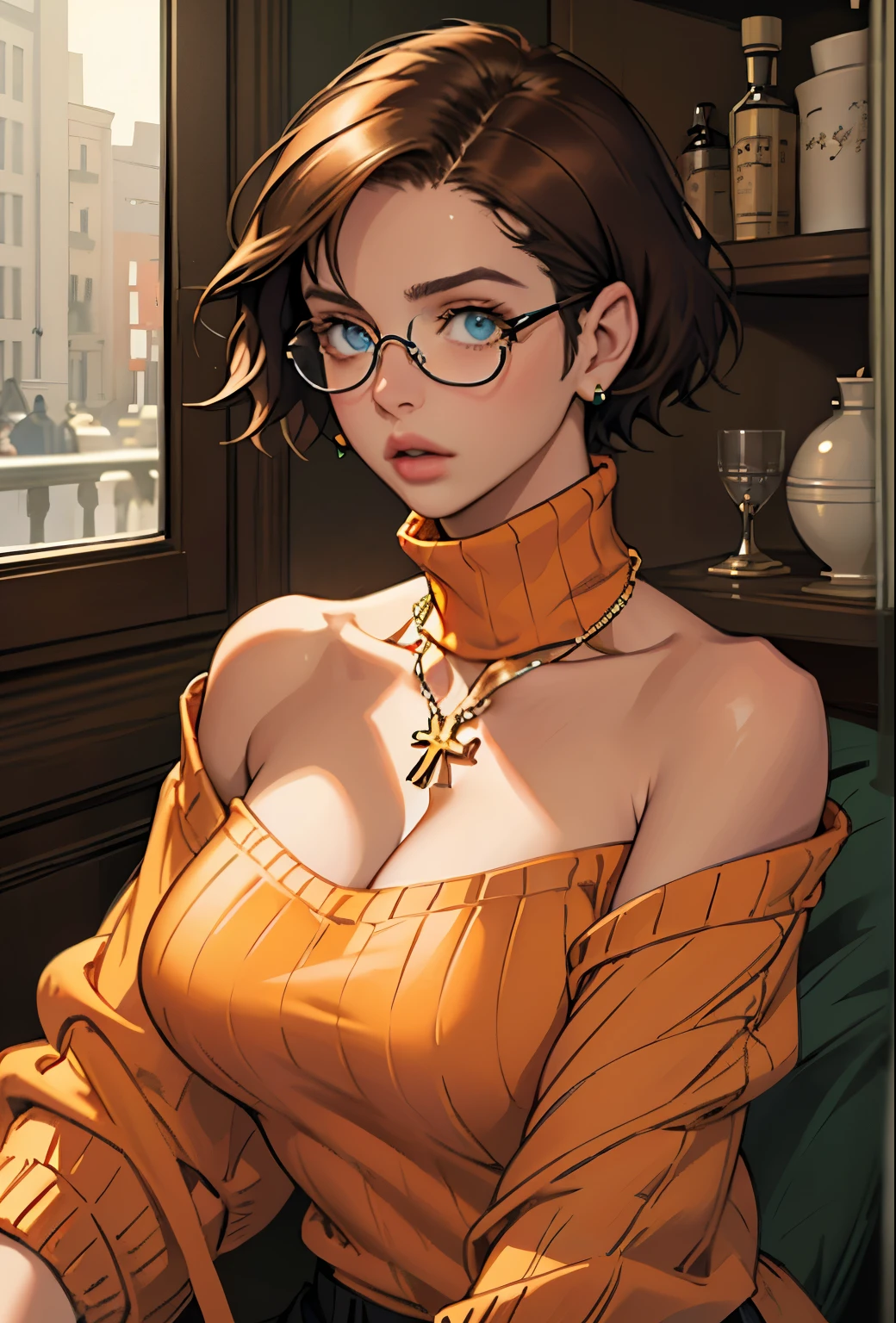 (masterpiece, Highest quality) One girl, Ashley Graham RE, alone, chest, View your viewers, short hair, blue eyes, shirt, Bare shoulders, jewelry, medium chest, Green Eyes, Upper Body,Brown Hair, parted lips, No sleeve, necklace, sweater, lips, turtleneck, Bobcut, ribbed sweater, Realistic, nose, No sleeve turtleneck, orange shirt, orange sweater,Wear glasses,