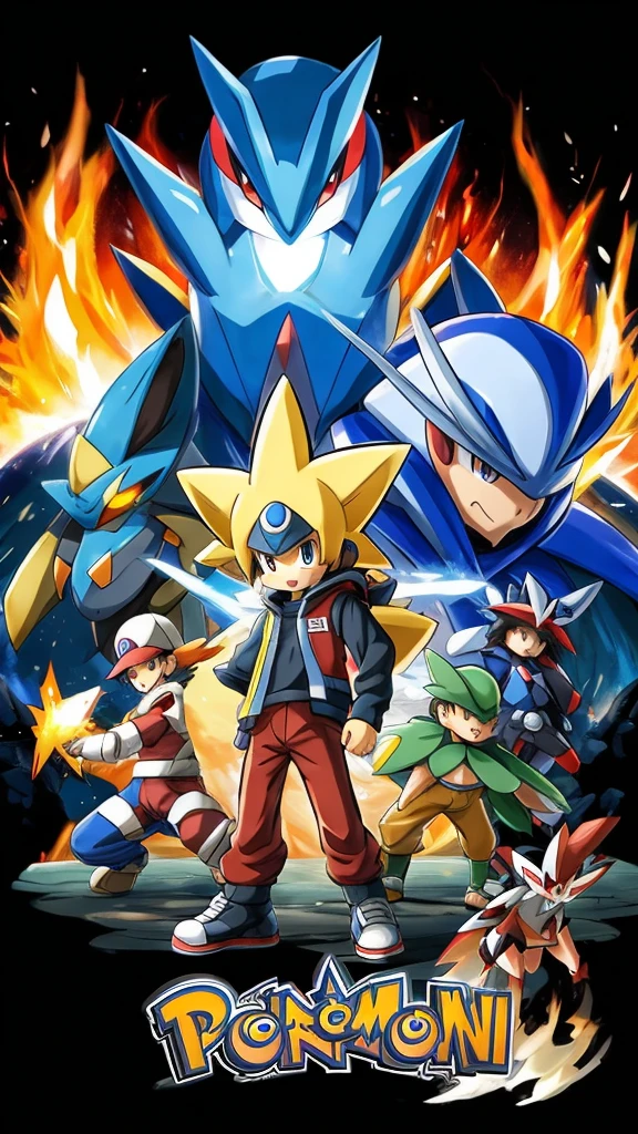 a group of pokemon characters standing in front of a dark background with the words pokemon, pokemon art style, illustration pokemon, pokemon anime style, pokemon style, ken sugimori art, for pokemon red and blue, promotional art, anime epic artwork, style of pokemon, anime picture, pokemon trainer, pokemon, epic video game art, epic artwork, trending anime artwork, 2 d digital video game art, Ken Sugimori, by Ken Sugimori, video game fanart, pokémon