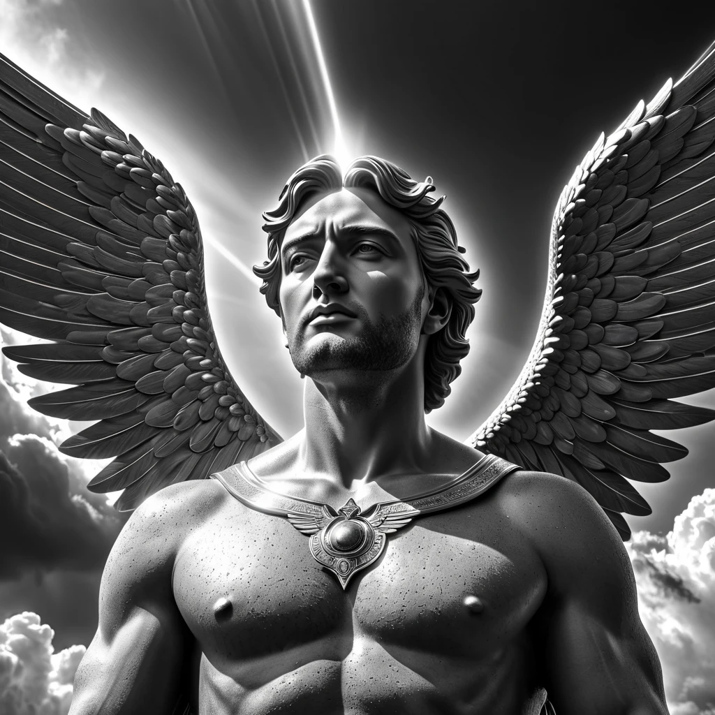 archangel, religious, surrealistic, thinking, Surrealism, Social realism, cinematic lighting, god rays, ray tracing, blending, multiple monochrome, masterpiece, high details, award winning, 8k, highres, best quality, strong man, the sky is like trembling, highly detailed face, perfect well drawn face, universal facial features, full body