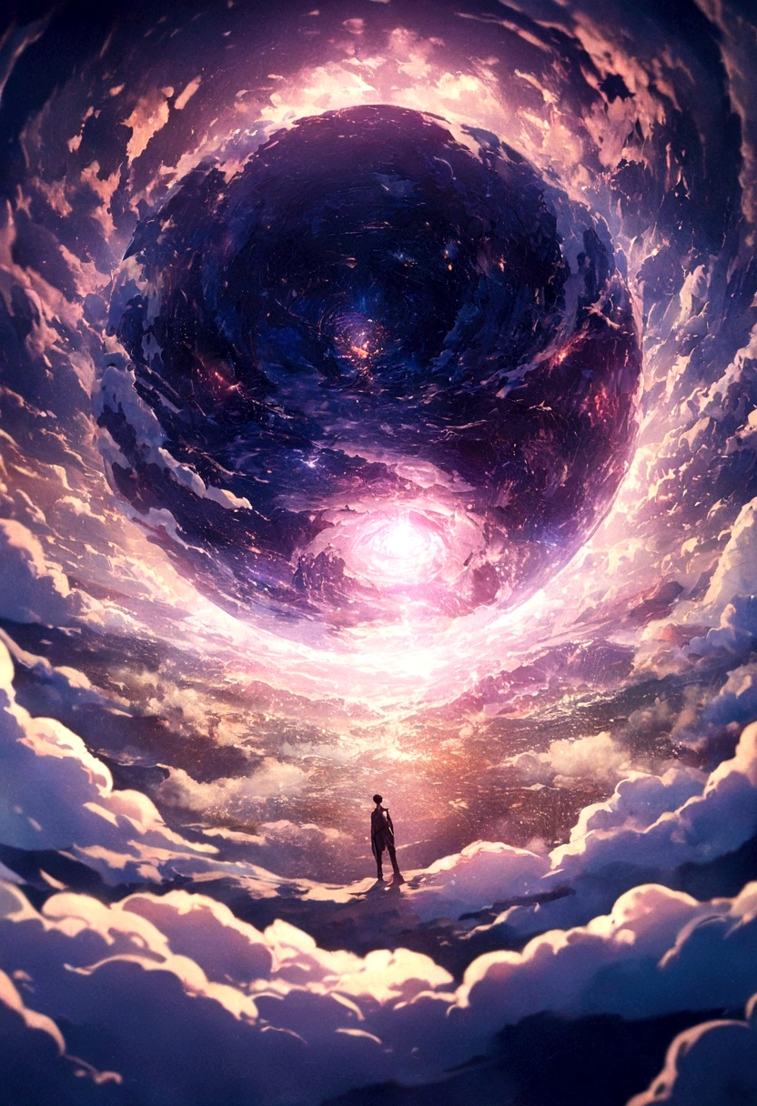 Highly Detailed CG Unity 8K Wallpaper, Cinematic Lighting, Lens Flare, Beautiful Detailed Eyes, Landscape, Ultra HD, Clouds, 8K Quality, Ultra Sharp, Real Light, Surreal, Ridiculous World Lines, High resolution, (masterpiece:1.4), highly detailed, one boy, top view, space, floating, -