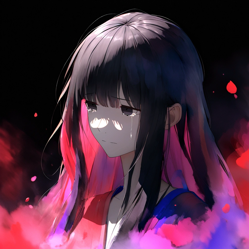 3D watercolor abstract,darkness background,high resolution,high qualiy,colorfully,Unripe,rot,cerulean,black eyes crying,long hair,Grieving,vred