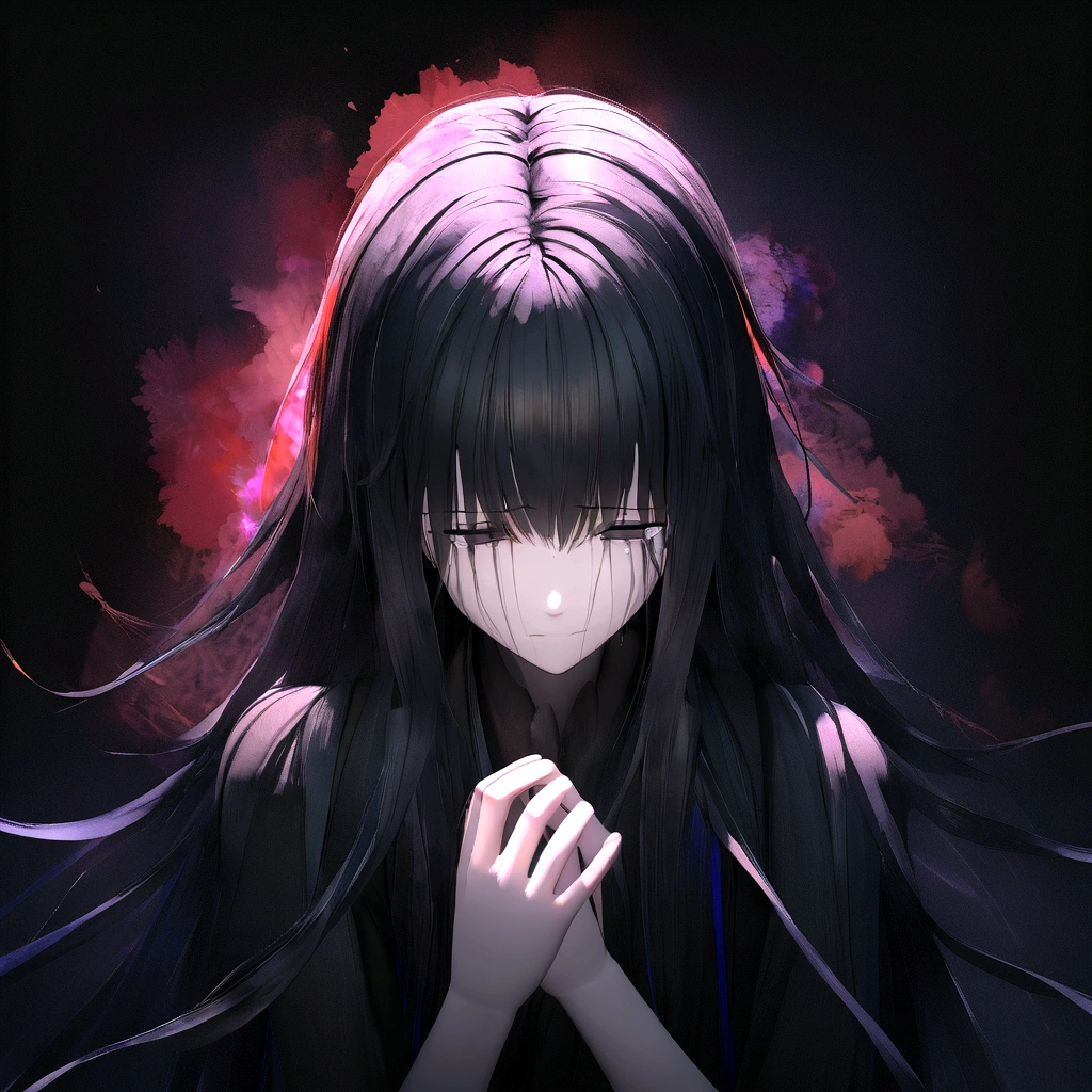 3D watercolor abstract,darkness background,high resolution,high qualiy,colorfully,Unripe,rot,cerulean,black eyes crying,long hair,Grieving,vred