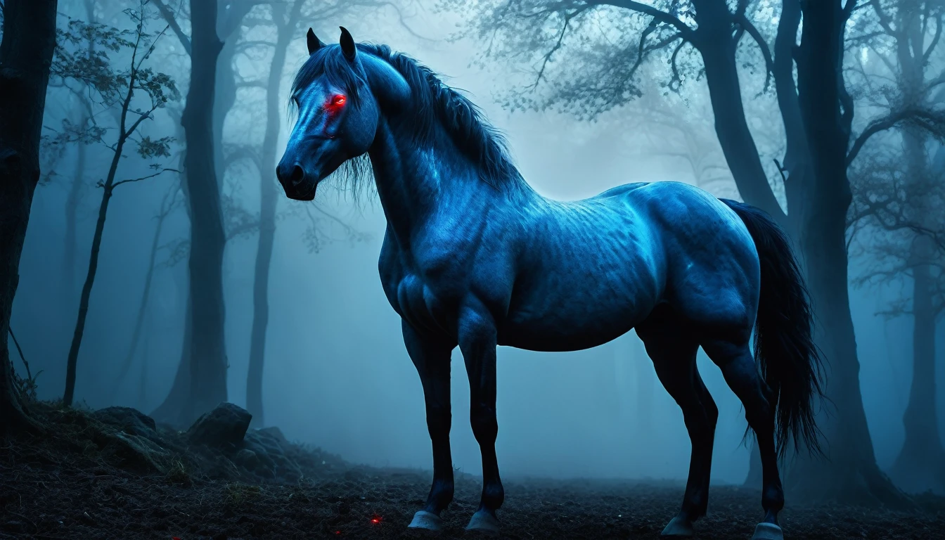 alien blue horse with red glowing eyes, realistic, hd, 4k, 8k, masterpiece, highly detailed, cinematic lighting, dramatic composition, volumetric fog, dramatic lighting, intricate details, hyper realistic, photorealistic, award winning photograph, professional photography, high end digital art, epic fantasy scene, magical realism, ethereal, mystical, surreal, hyper detailed