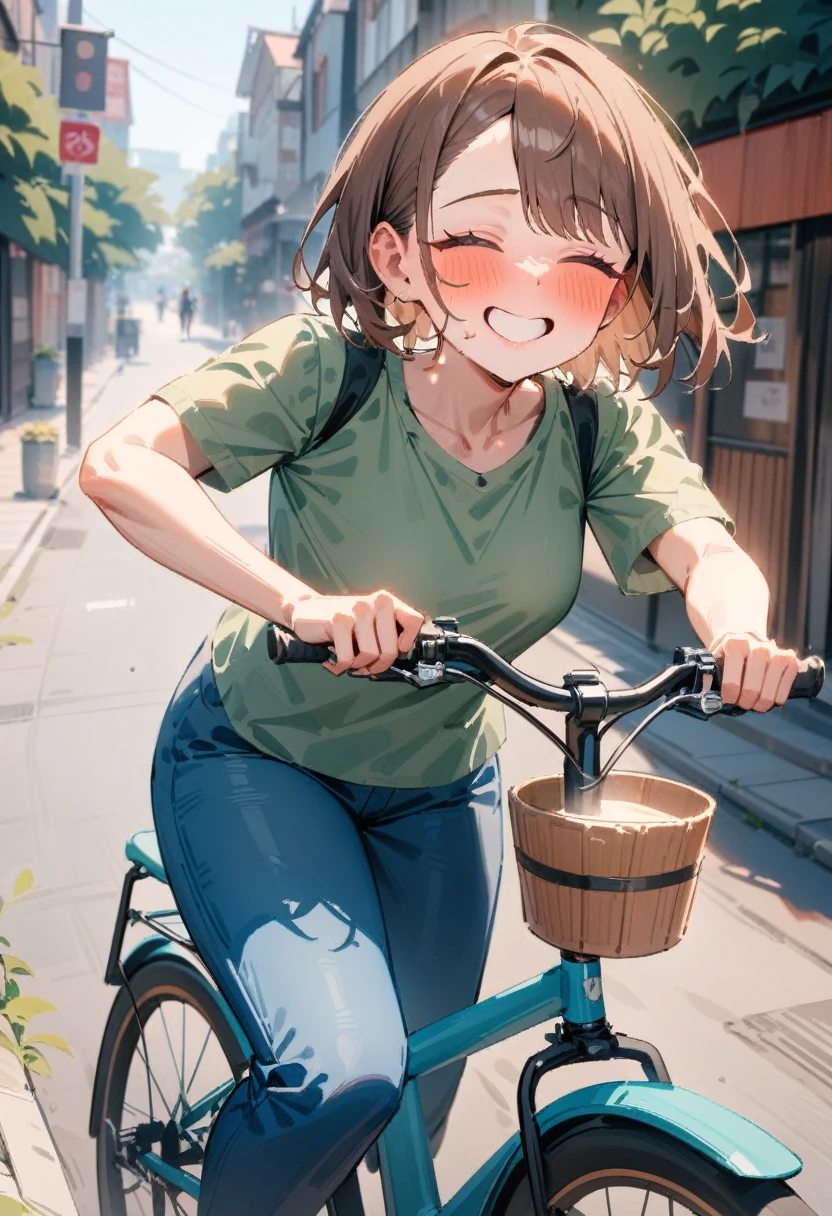 masterpiece, best quality, very aesthetic, absurdres, newest, 1girl, solo, asymmetrical bangs, blush, drunk, smile, short hair, outdoors, street, road, brown hair, shirt, closed eyes, pants, ground vehicle, green shirt, riding, bicycle, blue pants