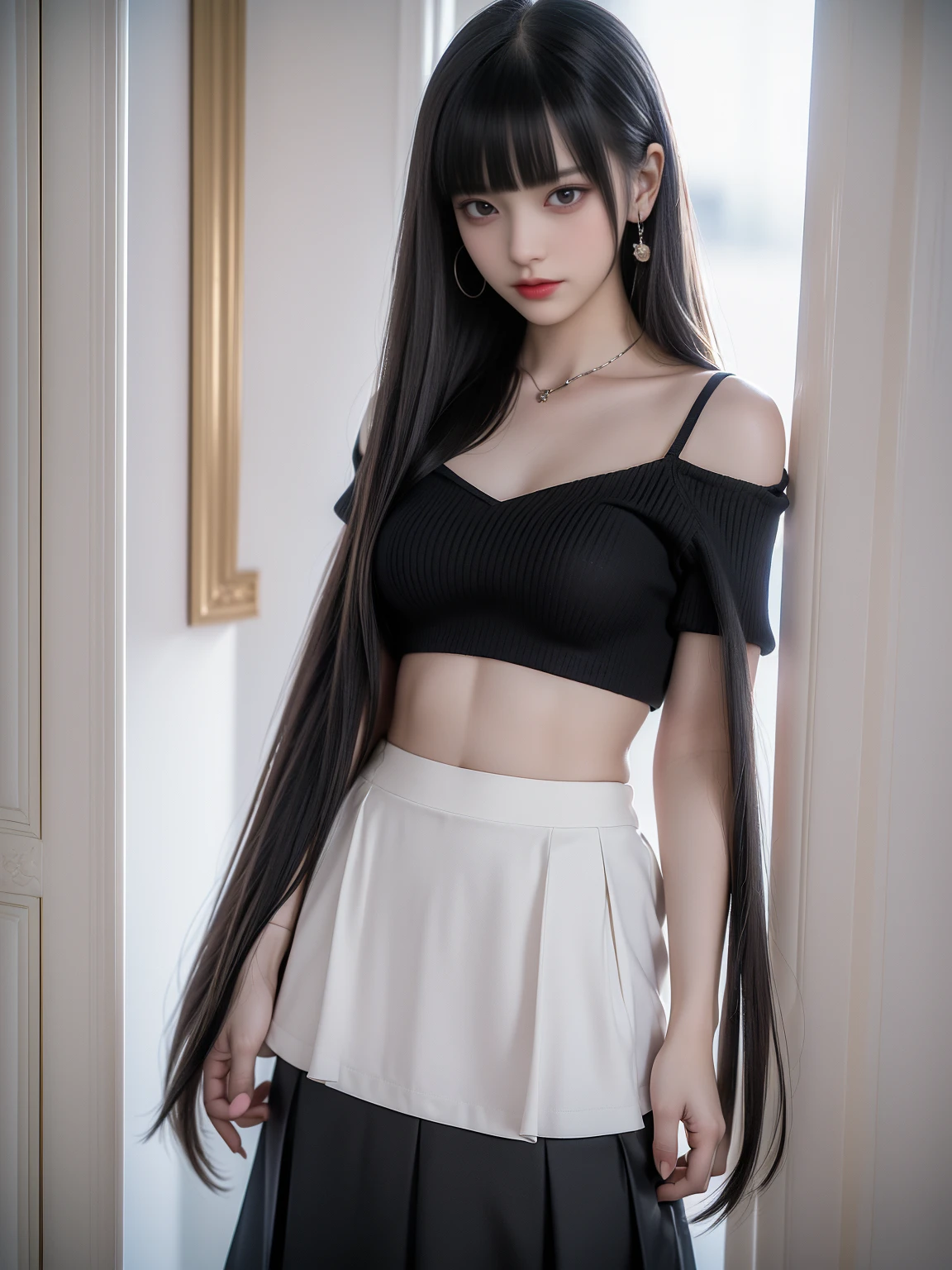 40k、photograph、Highest quality、(1.Beautiful eyes、Light Hair、White skin、Mr.Miss、Pause、((Mid-chest、:1. 1)、Highest quality、Tabletop、Ultra-high resolution、(Real:1.4)、RAWphotograph、(Perfect figure)、(slim、:1. 3)、slimな腹部、((金髪woman)),((Straight bangs、Princess bangs)),((Very heavy、Very voluminous bangs:1.1)),((Very long、Very heavy、Very voluminous side locks:1. 1))、Hime cut、Straight bangsヘアスタイル、Long Hair、The bangs are cut straight、(masterpiece、Highest quality:1.5)、(Ultra Fine 8K CG:1.4)、(Hyperrealistic:1. 25)、(フォトReal:1.25)、(Real:1.4)、COWBOY SHOT、(From above:1.35)、(from the front:1.4)、(smile:1. 3)、1 Japan Beautiful Girl、19 years old、woman、Different colored eyes、Silver-haired girl、Wallpaper HD、Off the shoulder、((Nipples))、(Wide eyes:1. 2)、(Thin legs)、(Bright face and chest)、((((Under the boobs))))、Under the chest、Oily skin、Are thin、(Under the chestがわずかに見えている)、 (The underboob is visible、Belly button and ribs visible)、Hips and lower abdomen are visible、Black flared skirt、(Pull up your skirt)、I can see her small black underwear,