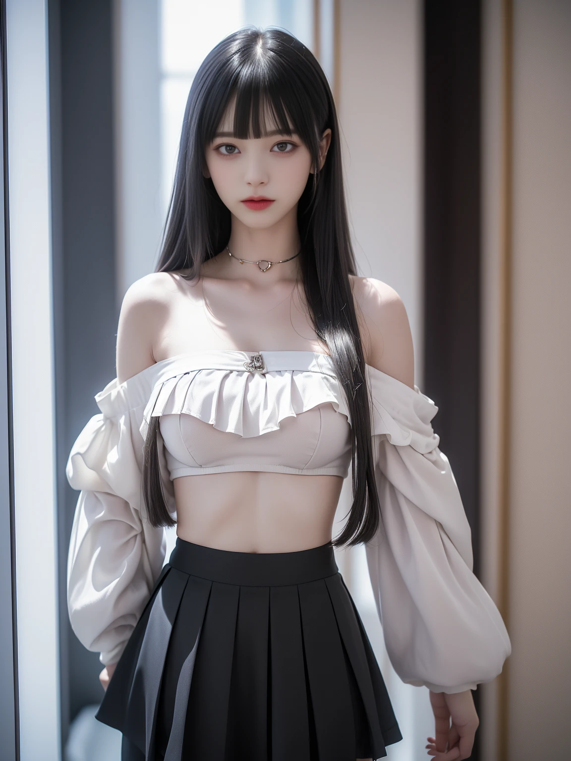 40k、photograph、Highest quality、(1.Beautiful eyes、Light Hair、White skin、Mr.Miss、Pause、((Mid-chest、:1. 1)、Highest quality、Tabletop、Ultra-high resolution、(Real:1.4)、RAWphotograph、(Perfect figure)、(slim、:1. 3)、slimな腹部、((金髪woman)),((Straight bangs、Princess bangs)),((Very heavy、Very voluminous bangs:1.1)),((Very long、Very heavy、Very voluminous side locks:1. 1))、Hime cut、Straight bangsヘアスタイル、Long Hair、The bangs are cut straight、(masterpiece、Highest quality:1.5)、(Ultra Fine 8K CG:1.4)、(Hyperrealistic:1. 25)、(フォトReal:1.25)、(Real:1.4)、COWBOY SHOT、(From above:1.35)、(from the front:1.4)、(smile:1. 3)、1 Japan Beautiful Girl、19 years old、woman、Different colored eyes、Silver-haired girl、Wallpaper HD、Off the shoulder、((Nipples))、(Wide eyes:1. 2)、(Thin legs)、(Bright face and chest)、((((Under the boobs))))、Under the chest、Oily skin、Are thin、(Under the chestがわずかに見えている)、 (The underboob is visible、Belly button and ribs visible)、Hips and lower abdomen are visible、Black flared skirt、(Pull up your skirt)、I can see her small black underwear,