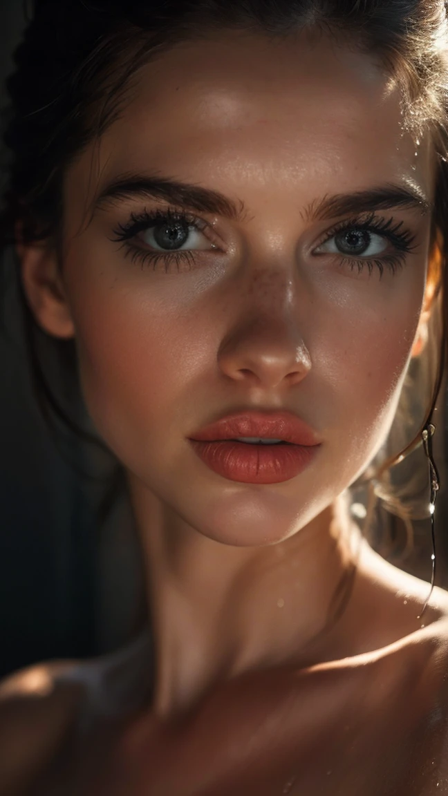 A captivating, high-resolution close-up photo of a gorgeous individual, very good looking women, wet by water, illuminated by a warm, soft light. The subject's face is partially concealed by shadows, adding an air of mystery and intrigue. Their eyes peer out from the darkness, drawing the viewer into the image. The background is a blurred, abstract mix of soft shadows and highlights, creating a sense of depth and enigma. The overall atmosphere of the image is enigmatic and intriguing, leaving the viewer wanting to unravel the subject's story., photo