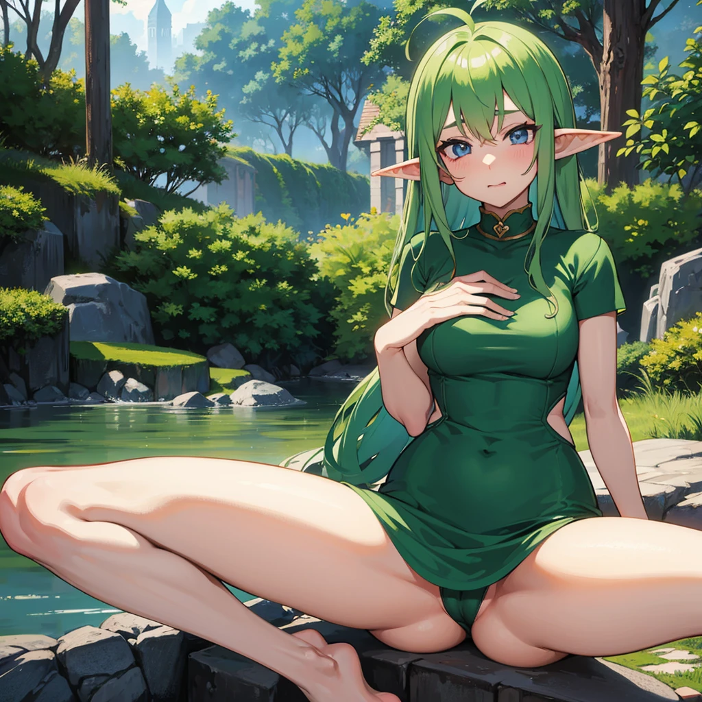 Anime, adult woman elf, looking at the viwer with heart eyes, sucking viewer's penis,