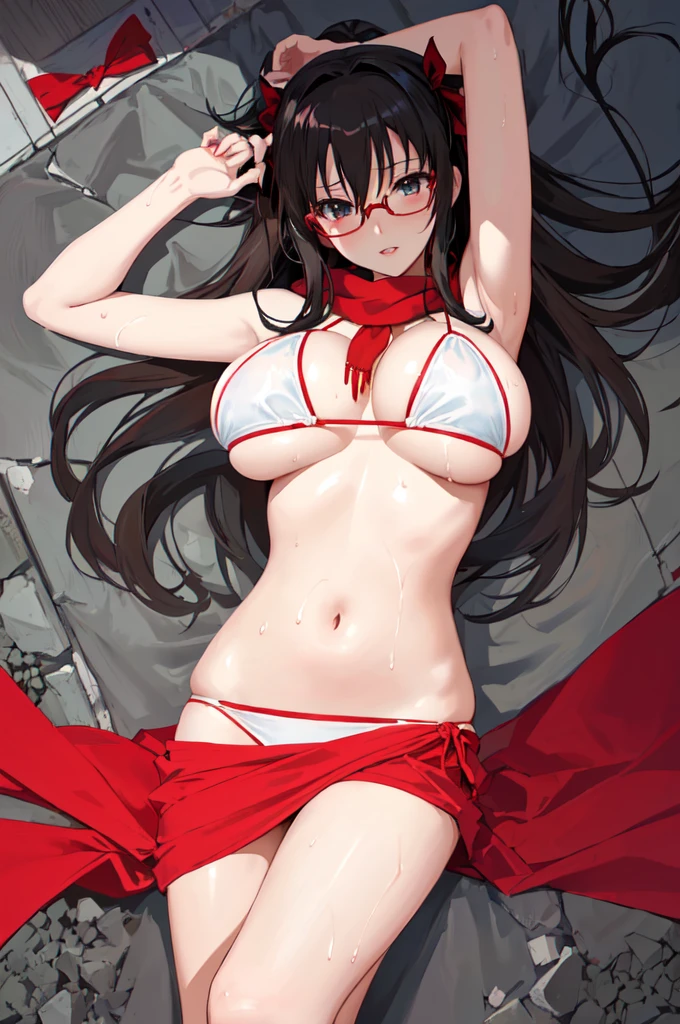 anime girl in a bikini with glasses and a red scarf, seductive anime girl, oppai, breasts covered and sfw, rin tohsaka, hands behind her body pose!, top rated on pixiv, oppai proportions, range murata and artgerm, [ 4 k digital art ]!!, at pixiv, sfw version, thicc,huge breasts, wet, anime style