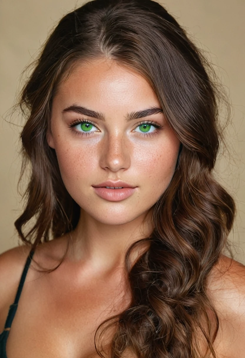25 year old girl with wawer made waves with small braids in the front ((long hair)), freckles, green eyes and brown hair Beautiful realistic , a 25 year old beautiful girl, brunette hair, (((bright green eyes))), youthful, big lips, small nose, thick eyebrows, round youthful cheeks, long hair, tanned skin, ((((purple color top with big breasts and low waisted jeans))), (((wearing super low waisted jeans))), 