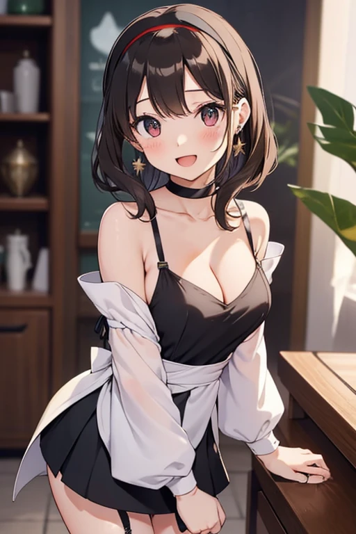 Adult Woman, masterpiece, 1girl, Amazing Cleavage:1.3, thin waist, big ass, Raised sexy, medium breast:1.3,posed cleavage:1.2,solo, open mouth, have a cup of coffee,black hair, red eyes, dress, bare shoulders, jewelry, collarbone, sidelocks, hairband, earrings, indoors, off shoulder, arms behind back, plant, short hair with long locks, black hairband, sweater dress, off-shoulder sweater, red sweater, big side hair, very long side hair,is rendered in (masterpiece: 1.2, best quality), with (ultra high resolution) and an exquisite (depth of field). This masterpiece is not only visually stunning but also tells, make of cooking some cakes ,in the kitchen,Long dark blonde wavy hair、her thin pubic hair, Puffy nipple、(short flared skirt)、garter stocking、Earring、Medium milk, cute smile face、(Pose to lean forward and emphasize the chest)、sexy hips、high-heels、atlibrary、((Close your arms to your chest and look up)),(with sparkling eyes and a contagious smile), looking at viewer,
