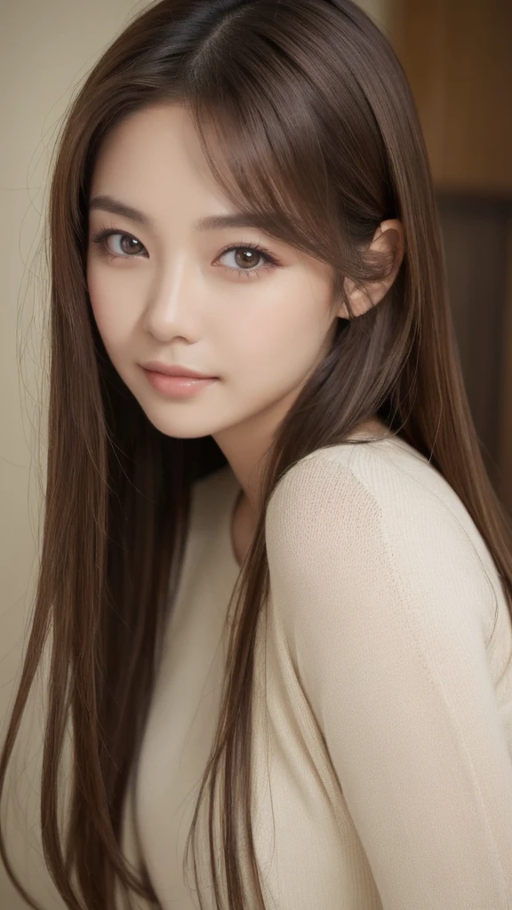 Solo Detailed and realistic portrait of a beautiful young Asian woman。She has long light brown hair and big light brown eyes.。"I'm eating shaved ice."。 ((Medium chest、Tomboy、Small Head))、sunlight、sunlight、(Chiseled Abs: 1.1)、(Perfect body: 1.1)、Auburn Hair、first round、chain、Full Body Shot、、Highest quality、One beautiful woman、Long Hair、Brown Hair、Beautiful woman wearing a tropical bandeau bikini playing in the morning sea。She is laughing happily。