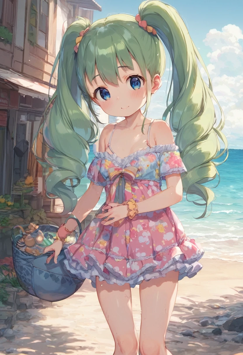 
score_9, score_8_up, score_7_up, score_6_up, score_5_up, score_4_up, masterpiece, best quality, source_anime, cement,
rating_explicit,

BREAK 1girl, Girl walking on the beach,BREAK 
7 yo, (loli:1.5), (Small breasts:1.2), (pastel green hair:1.2), (long hair:1.2), (hair between eyes:1), blue eyes, ultra detailed eyes, (tareme:1.3,Twin tails、

BREAK (Cute one-piece clothes)
BREAK (On the sunny shores of the Mediterranean)