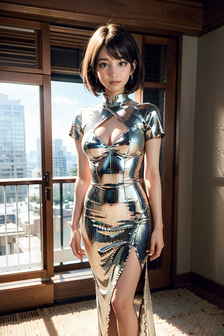 (Realistic:1.5),(raw photo:1.4), (photorealistic:1.3),(masterpiece), best quality, highest quality, extremely detailed CG unity 8k wallpaper, detailed and intricate, original,highres, [:(detailed face:1.2):0.2],film grain, Fujifilm XT3, (high detailed skin:0.9), 8k,(ulzzang-6500:0.9), balcony, show by rock!!, light smile, , detailed gradient background, full body, sunlight,slim body,beautiful dress,beautiful hand shape, full body