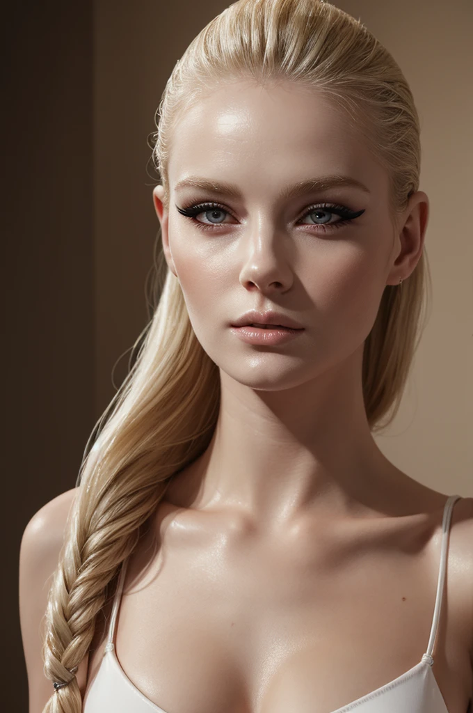 woman pretty, blonde, slick back-hairstyle , blonde , dress ,white skin,big breast, pale ,foxy eyeliner, portrait ,no-makeup ,hot,full body ,pale woman painting, eyeliner wonderful highly detailed masterpiece, beautiful light deep focus, elegant, digital painting, smooth, dramatic lighting, ultra realistic, 8k, art , blur ,sky ,black background