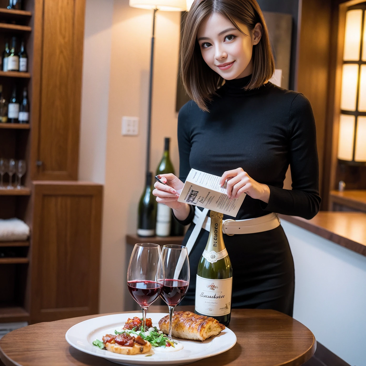 ((Highest quality、8K、masterpiece:1.3))、slimカップル、modelカップル、(Realistic, Intricate details:1.2), full-course dinner、Wine Party、Amazing view of the sunset sky and clouds、A bright smile、The wonderfulness of smile、Bright image、The beauty of wine, Beautiful Face, blue eyes, The light shines on your face, Blushing, short hair,Bright Face、 (Age 37), 39 years old, red wine 、Appetizers、Italian food、Wine bottle、Champagne、sparkling wine、Two beauties、Brown Hair、Shortcuts、Long sleeve shirt、dress、Beautiful woman 1, (slimな顔), (The body is slim), (Brown Hair), (Shortcuts), cheeks turn a little red,Attractive beauty、restaurant, In a prominent place (From the waist up) Nova Frog Style, actress, model, Upper Body, White wine, slim, wine glass, 中央に置かれたwine glass, smile, (smile: 1.15), Beautiful fine grain, Depth f/2,saturation, High Contrast, Strong light and shadow,Moist Body:1.5、3D texture、Delicate eyes、Brown Hair、The hair is very shiny、