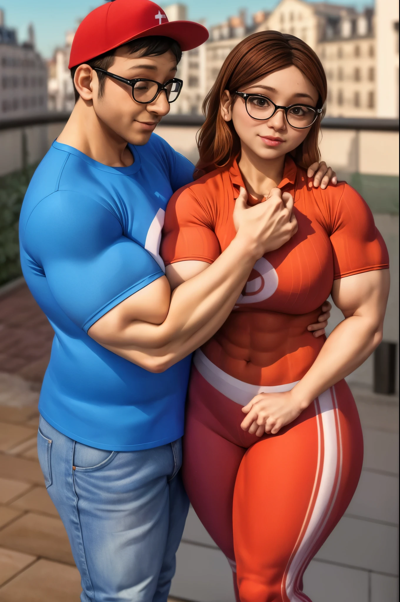 (masterpiece, best quality:1.2), A couple , boy Nino Lahiffe: Brown skin, dark hair, usually seen wearing a red cap, glasses, and casual clothing like a T-shirt and jeans, and a girl Alya Césaire: Brown skin, curly dark brown hair, often wears glasses, and typically seen in stylish, casual outfits. A casual day out with both characters in their everyday attire,Sharing a tender moment, like sitting on a rooftop overlooking Paris..(girl and boy:1), smiling, ((high resolution illustration)), ((extremely detailed)), (couple), Alya, Nino, Nino X Alya, (best quality,4k,8k,highres,masterpiece:1.2), ultra-detailed, realistic:1.37, HDR, studio lighting, extreme detail description, nino wearing a red cap, professional, vibrant colors, bokeh, ((muscular female bodybuilder)), detailed lips, strong embrace, romantic scene, intimate moment, intense passion, athletic bodies, fitness couple, gym.