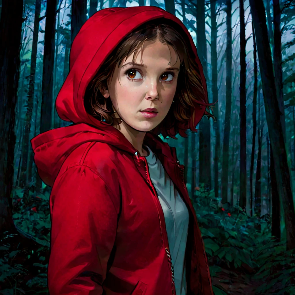 milli3 woman, millie bobby brown, 1 girl wearing red jacket and hood, netflix, stranger things, eleven, in a dark forest, front view