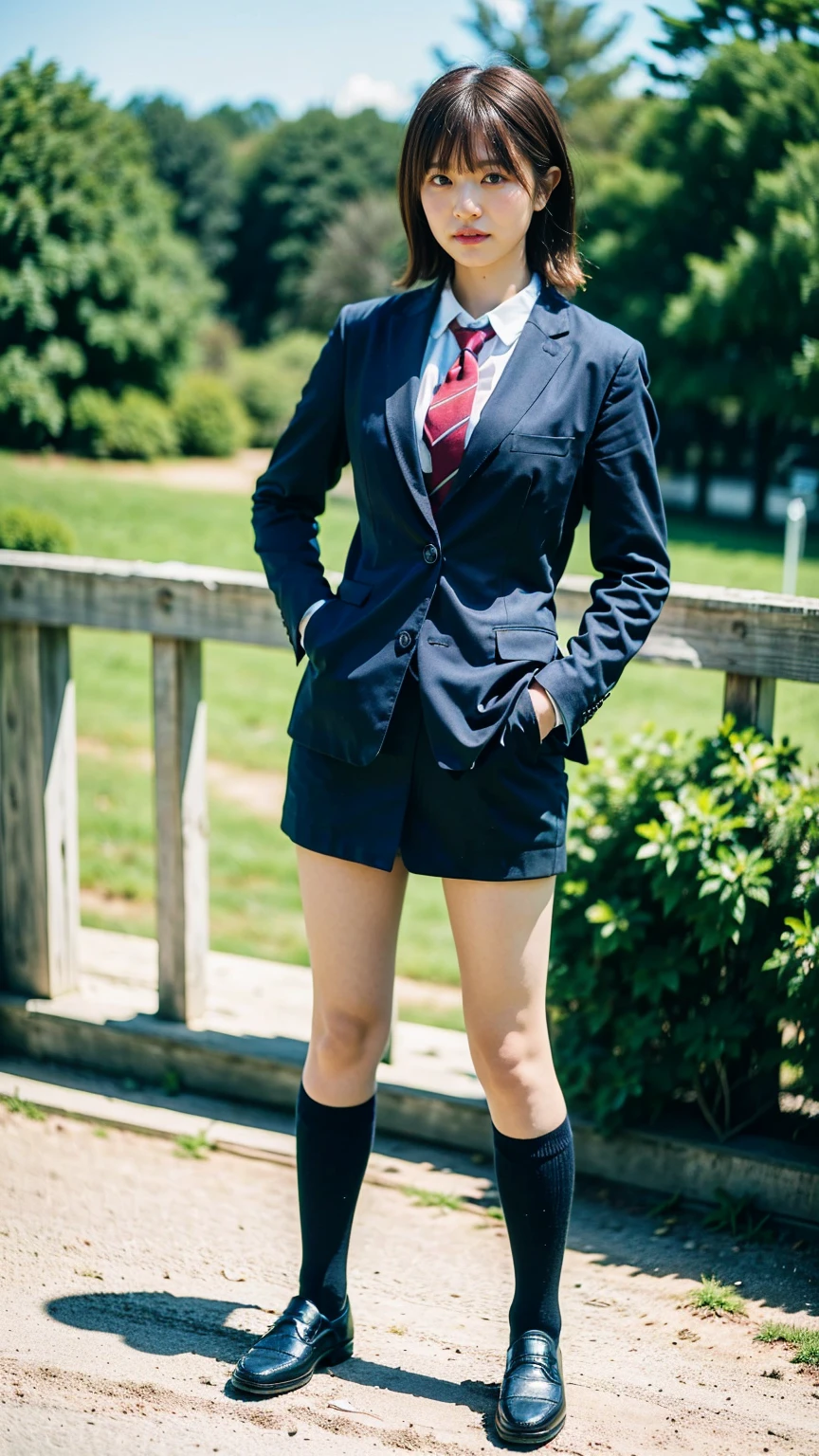 (8K、RAW Photos、Highest quality、masterpiece:1.2)、(Realistic、Realistic)、1 Girl、((blackチェックミニスカート、High school uniform、blazer、Navy Socks、loafers、Medium Hair、black、Thin legs、garden、View from the front、Looking into the camera、Stand with hands on hips))、cute