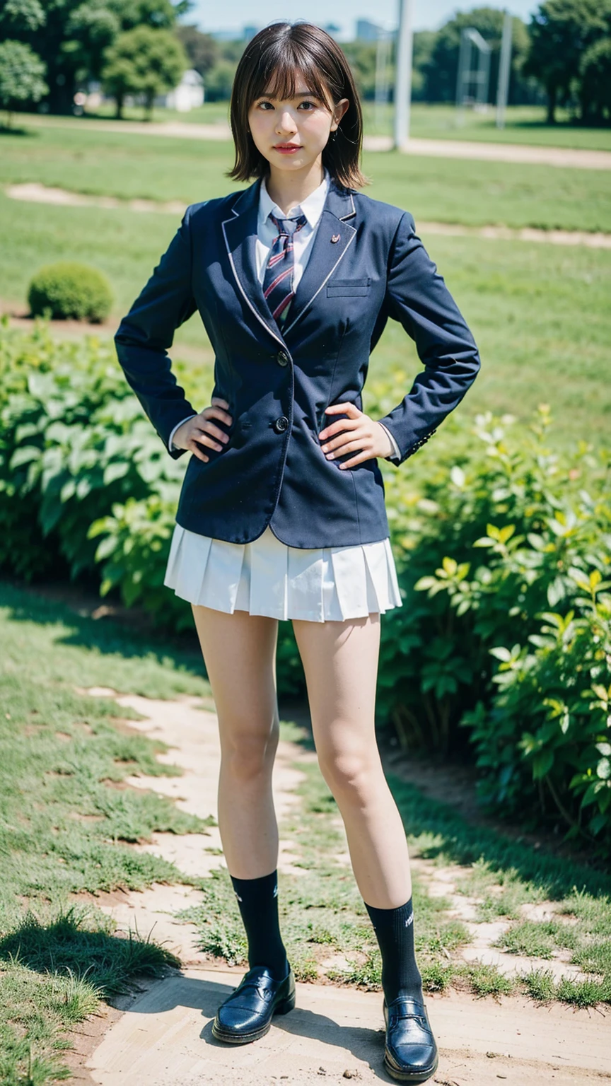(8K、RAW Photos、Highest quality、masterpiece:1.2)、(Realistic、Realistic)、1 Girl、((blackチェックミニスカート、High school uniform、blazer、Navy Socks、loafers、Medium Hair、black、Thin legs、garden、View from the front、Looking into the camera、Stand with hands on hips))、cute
