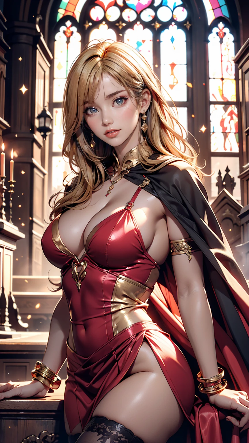 Dark Souls, Dim Light, Old Church, Mature Woman, slim, expensive, Long blonde curly hair, Long black cape, Red leotard with long skirt, Long skirt with diamonds, Gold Bracelets, 8K, Official Style, European aristocracy, 、Sexy proportions、Sexy、Narrow waist、Long eyelashes、eye shadow、lipstick