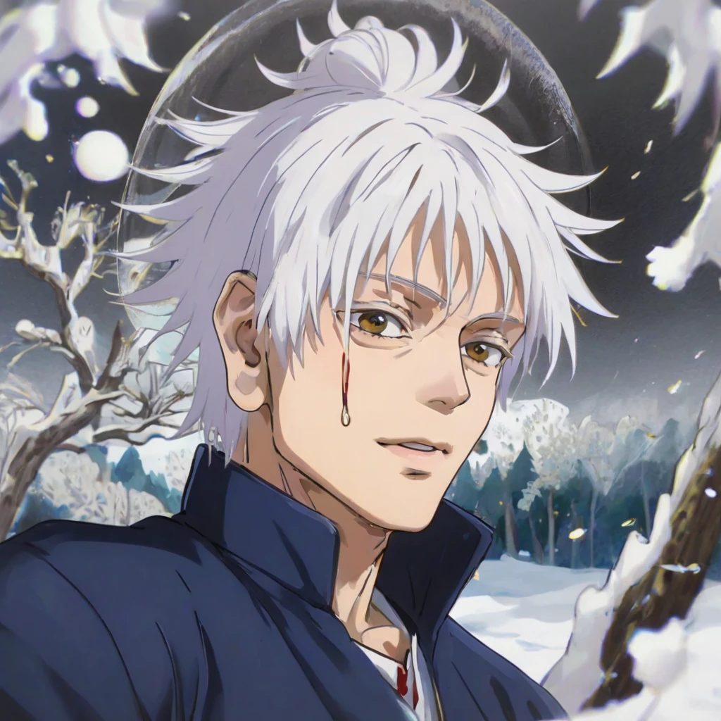 (a sticker,),(3D anime gojo), snow white hair,(In circlerown background), (pollock border)(oil painting style), ultra - detailed, male character, best quality, Detailed diagram, vectorized, 8K, Professional a sticker design, Graphic design, vector lines, a sticker, Full-HD