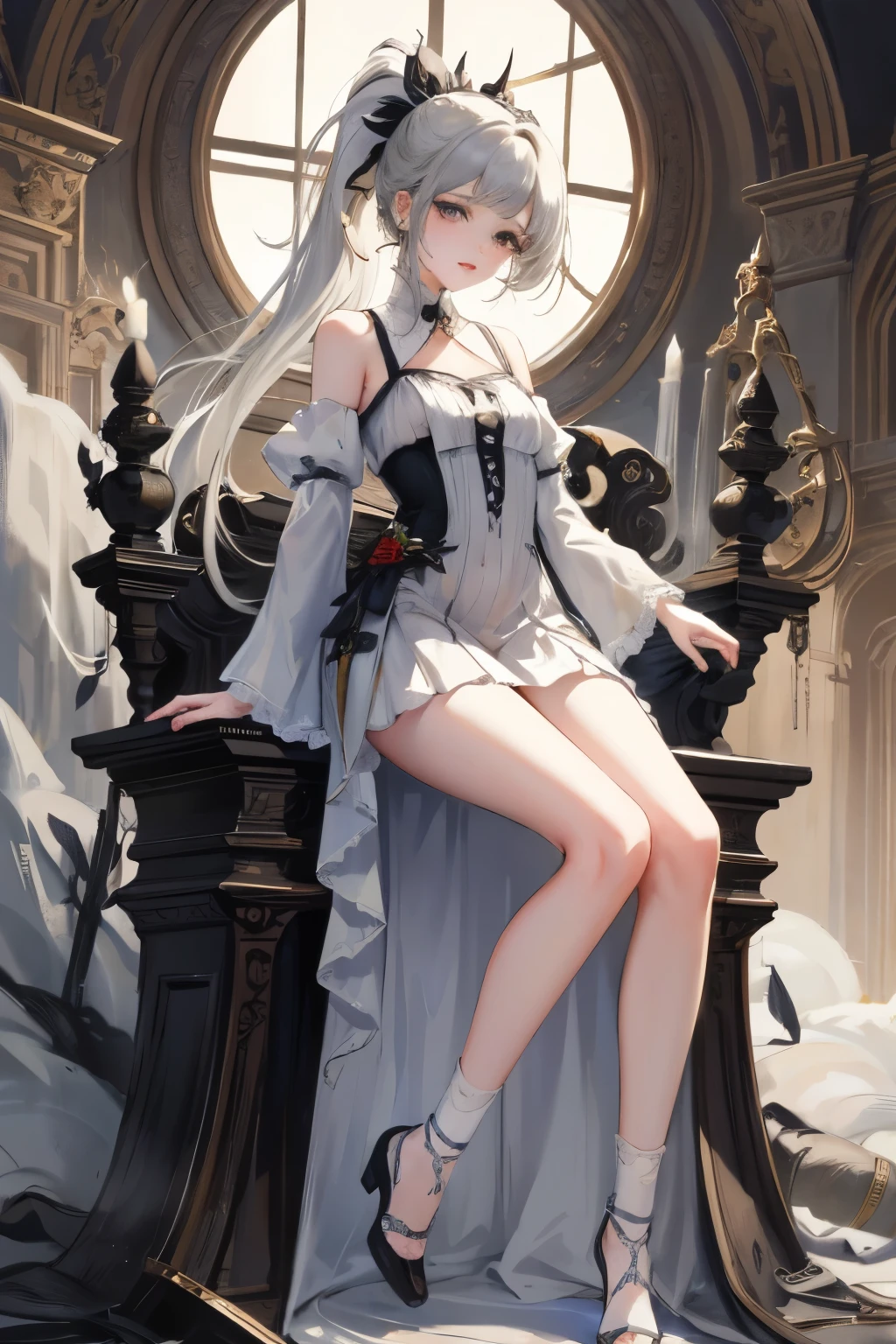  ((best quality)), ((masterpiece)), (detailed), 1girl, NSFW, small breasts, prominent collarbones, skinny arms, flat stomach, visible hip bones, long hair, ponytail, thick ponytail, heavy ponytail, red and white clothing, Bloodborne inspired, occult aesthetic, occult, detailed and intricate steampunk and detailed gothic, Fluttering lace flared long knee length dress with frilly petticoats, knee length dress, pleated petticoats