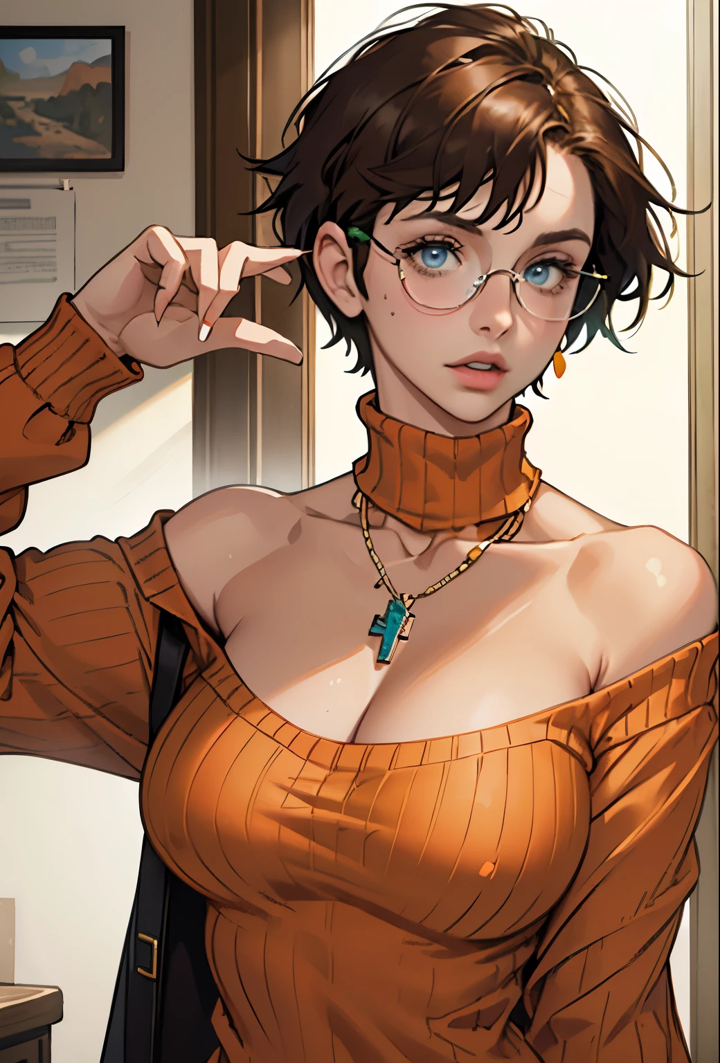 (masterpiece, Highest quality) One girl, Ashley Graham RE, alone, chest, View your viewers, short hair, blue eyes, shirt, Bare shoulders, jewelry, medium chest, Green Eyes, Upper Body,Brown Hair, parted lips, No sleeve, necklace, sweater, lips, turtleneck, Bobcut, ribbed sweater, Realistic, nose, No sleeve turtleneck, orange shirt, orange sweater,Wear glasses,
