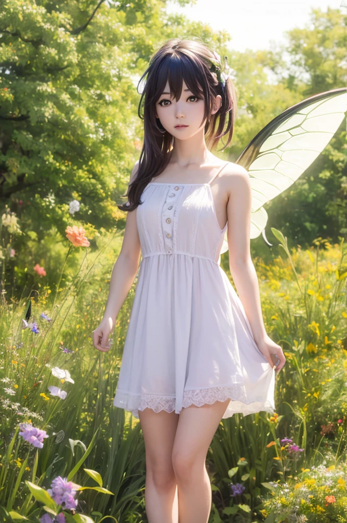 "((Innocent)) girl, golden hour, dreamy meadow, ethereal, whimsical, flowing dress, soft sunlight, enchanting, butterfly wings, (Pastel clouds), liquid reflections super resolution realistic