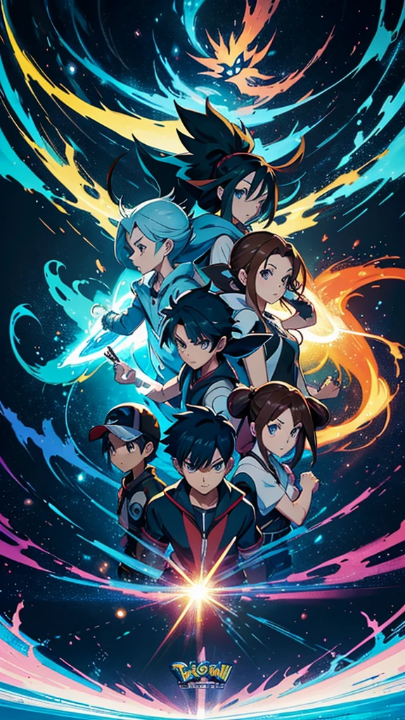 a group of pokemon characters standing in front of a dark background with the words pokemon, pokemon art style, illustration pokemon, pokemon anime style, pokemon style, ken sugimori art, for pokemon red and blue, promotional art, anime epic artwork, style of pokemon, anime picture, pokemon trainer, pokemon, epic video game art, epic artwork, trending anime artwork, 2 d digital video game art, Ken Sugimori, by Ken Sugimori, video game fanart, pokémon